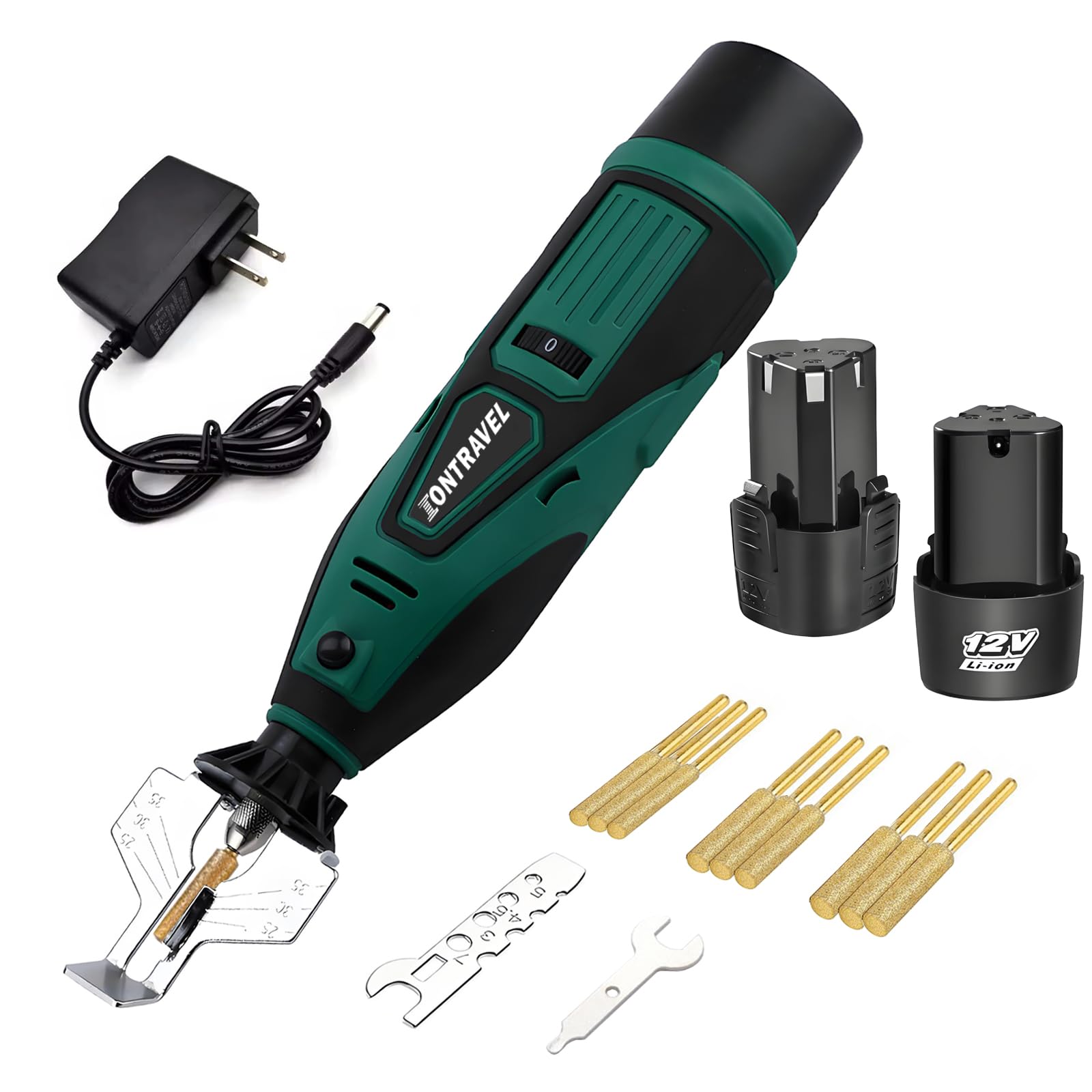 Afilador de motosierra inalámbrico, herramienta afiladora eléctrica de 12 V con 54 accesorios de afilador y baterías 2 psc, kit de afilador de cadena de motosierra de alta velocidad con puntas de