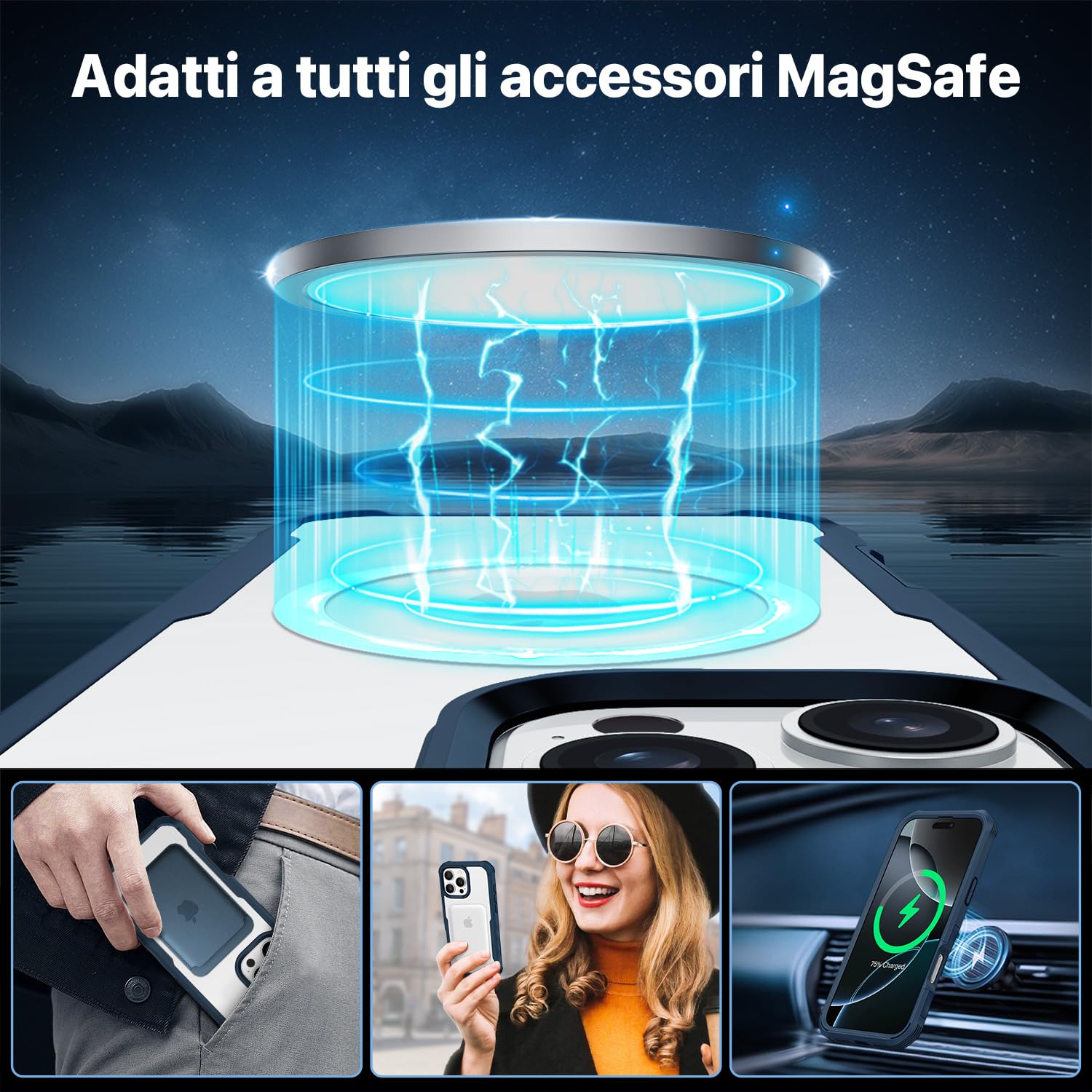 CENHUFO Magnetica Privacy Cover iPhone 16 Pro, Compatibile con Magsafe Integrata Vetro Temperato Anti Spia Schermo e Protezione Fotocamera, Custodia Antiurto 360 Gradi Rugged Doppia Faccia Case -Blu
