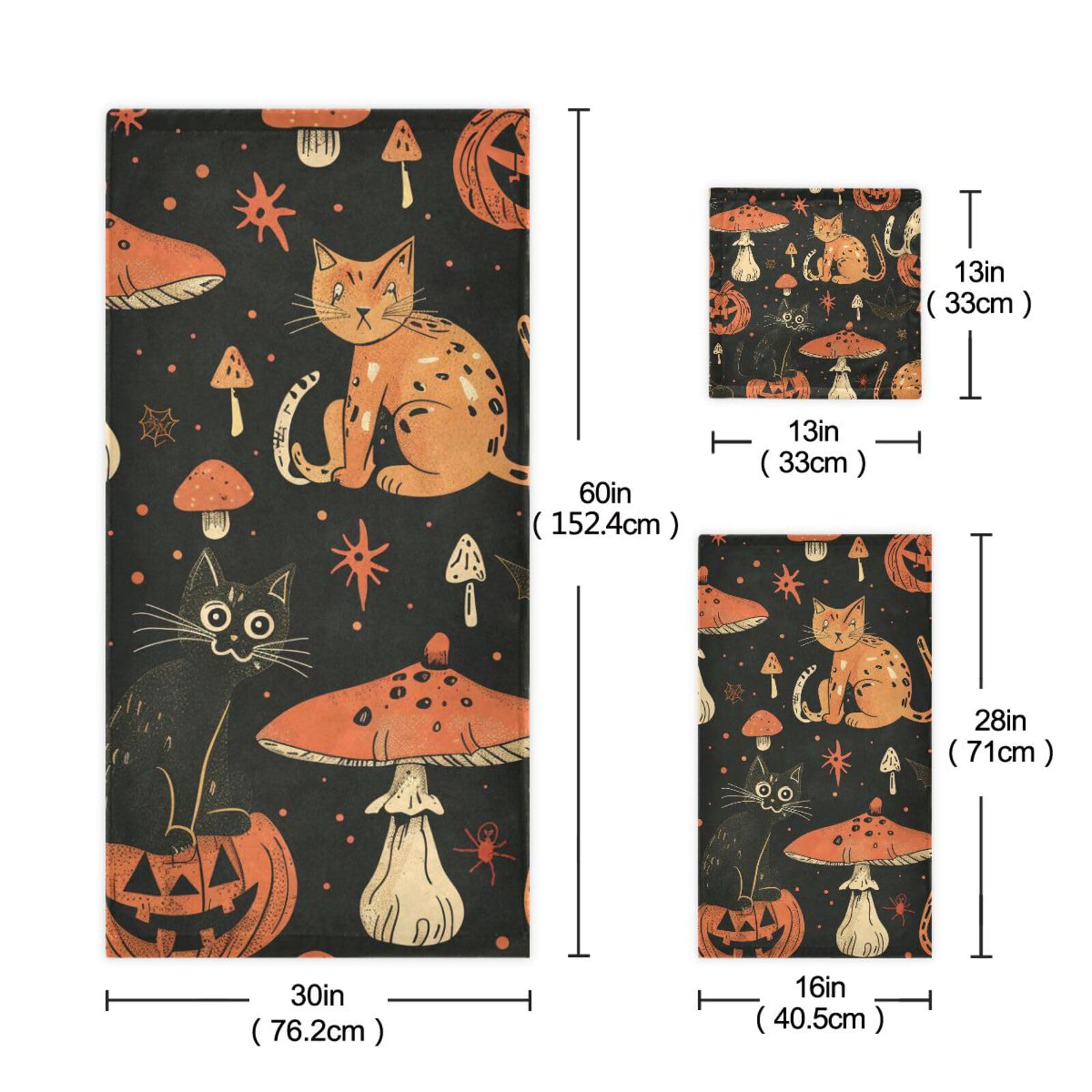 Set di 3 asciugamani per il viso ad asciugatura rapida con gatti, zucche, funghi, per Halloween, 3 pezzi, 1 asciugamano da bagno, 1 asciugamano per mani, 1 panno per la casa, cucina e famiglia