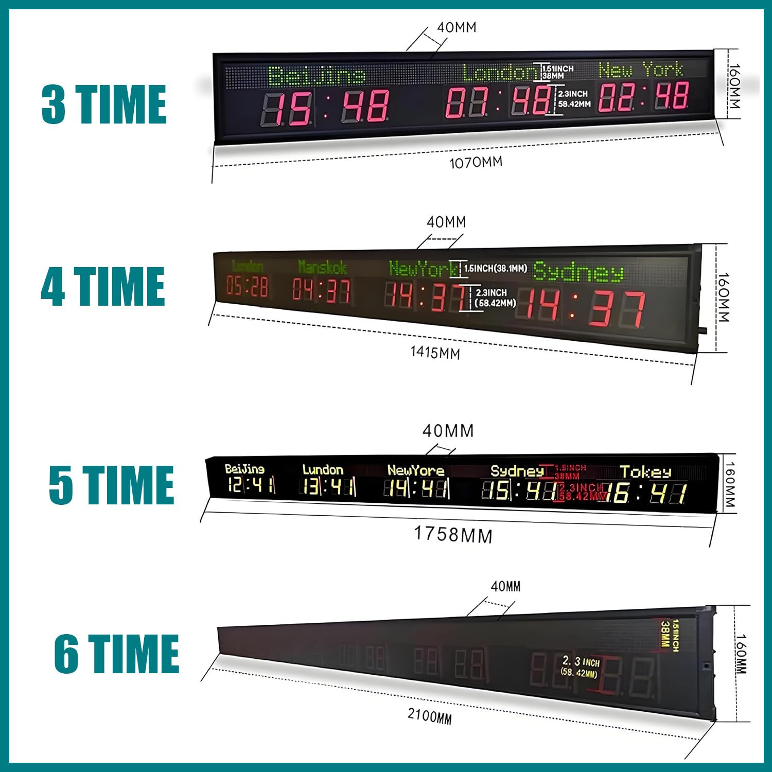 World Clock - Reloj electrónico montado en la pared para interiores, brillo ajustable, múltiples zonas horarias para oficinas, hoteles y empresas