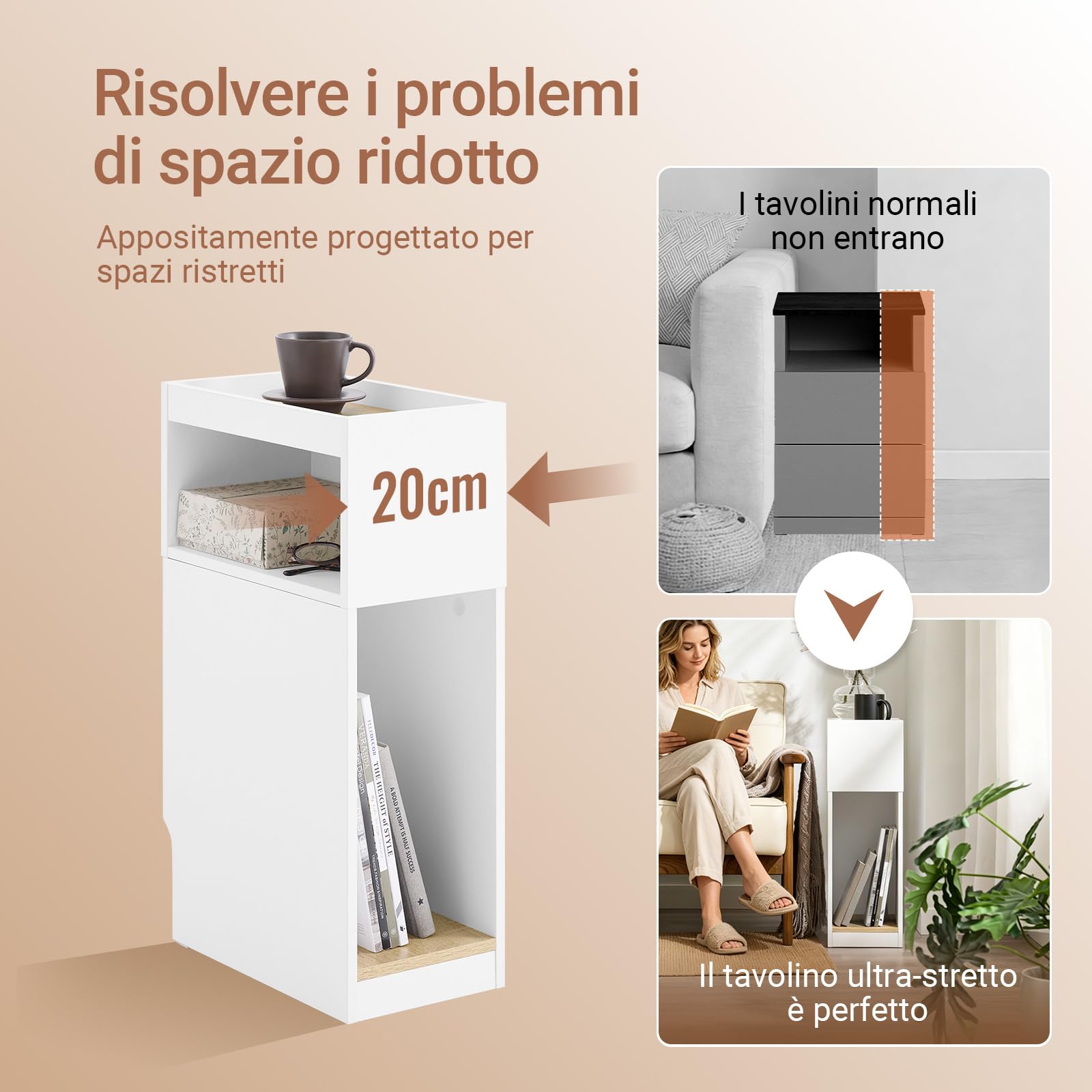 SoBuy set da 2 tavolino salotto stretto con cassetto, comodino camera da letto salvaspazio per piccoli spazi, tavolino divano con vano portaoggetti, 20×35×60 cm, Bianco FBT171-WNx2