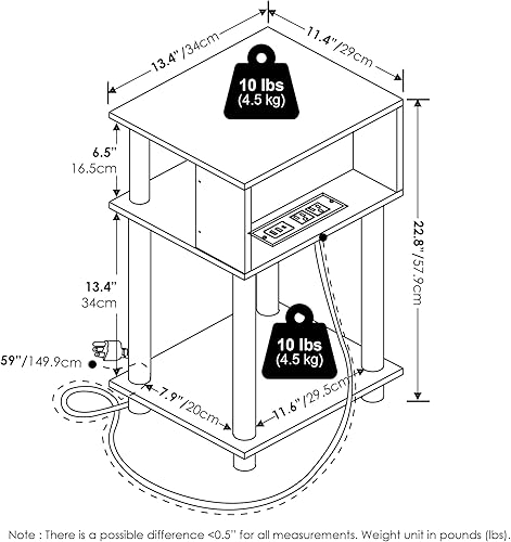 Miniatura 3 de Furinno Just Mesa auxiliar de almacenamiento abierta Turn-N-Tube de 3 niveles con puerto de carga USB y tipo C, 11.42 pulgadas de ancho x 9.92