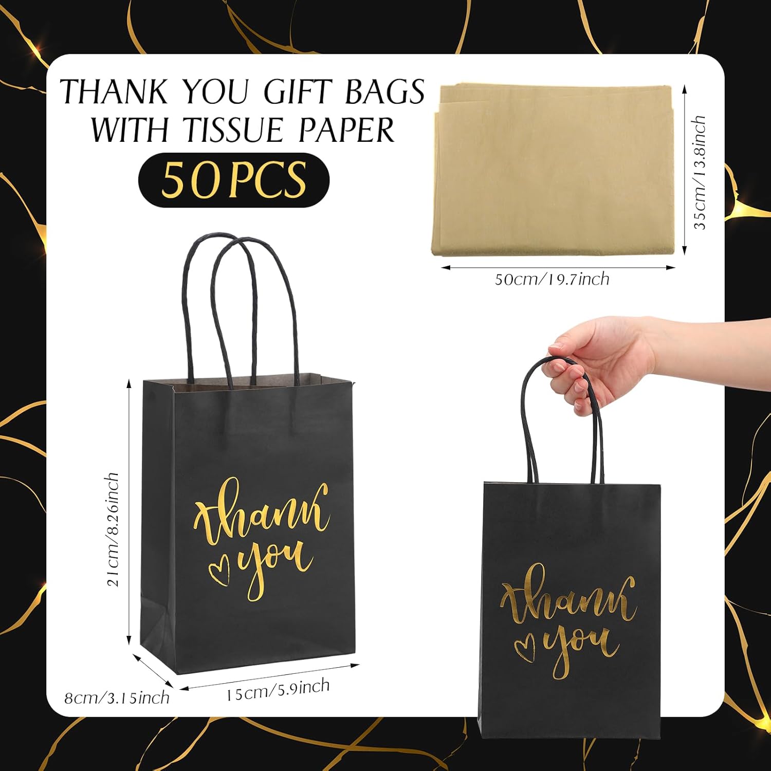 Yeaqee 50 Pcs Thank You Gift Bags with 50 Gold Wrapping Tissue Paper 5.9 x 8.3 x 3.1 Inch Black Paper Bags with Handles Wedding Favor Bags Gift Wrap Bags for Business Shopping Birthday