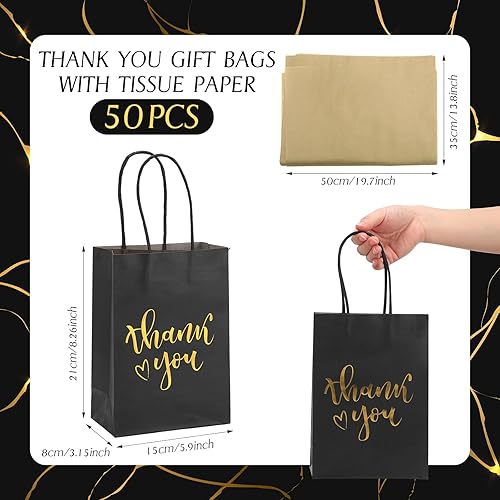 Miniatura 2 de Yeaqee 50 bolsas de regalo de agradecimiento con 50 papel de seda dorado de 5.9 x 8.3 x 3.1 pulgadas, bolsas de papel negro con asas, bolsas de