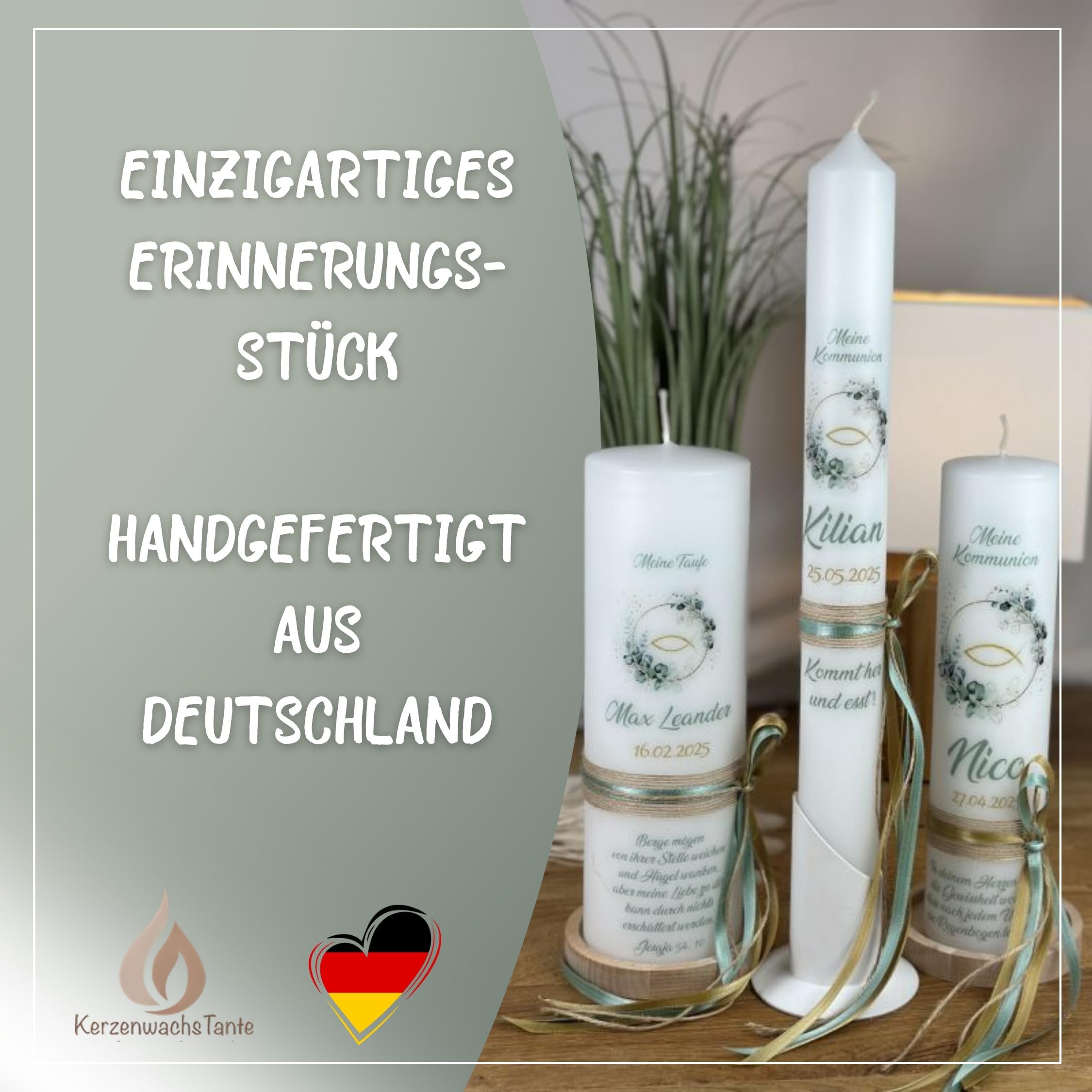 Taufkerze Kommunionkerze Eukalyptus Fisch Elias 25x6cm – Wunschname Personalisierbar – Geschenk zur Taufe für Jungen & Mädchen – Handarbeit mit Schleife – gold-salbei