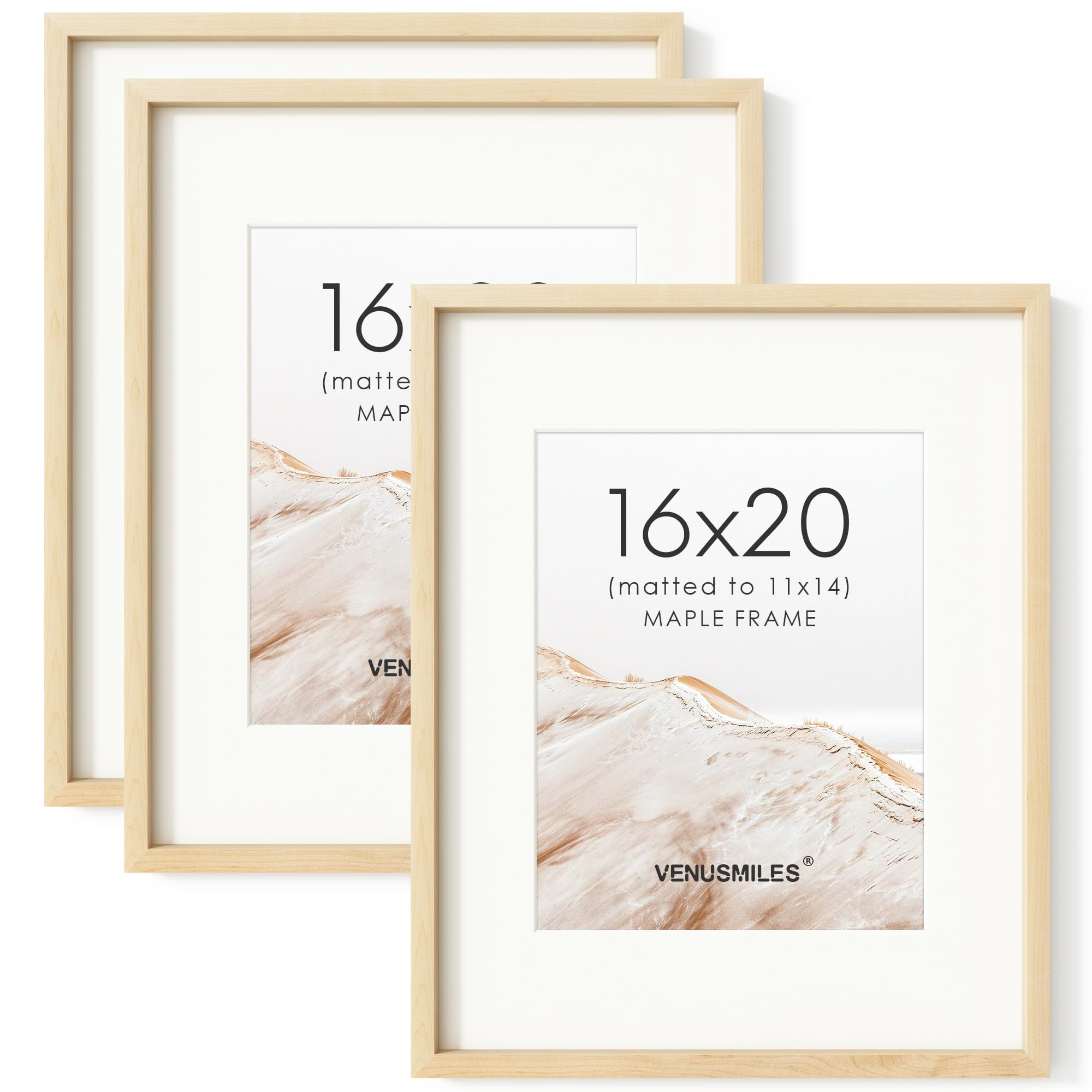 16 x 20 Picture Frame Set of 3, USA-Sourced Natural Maple Wood Photo Frame