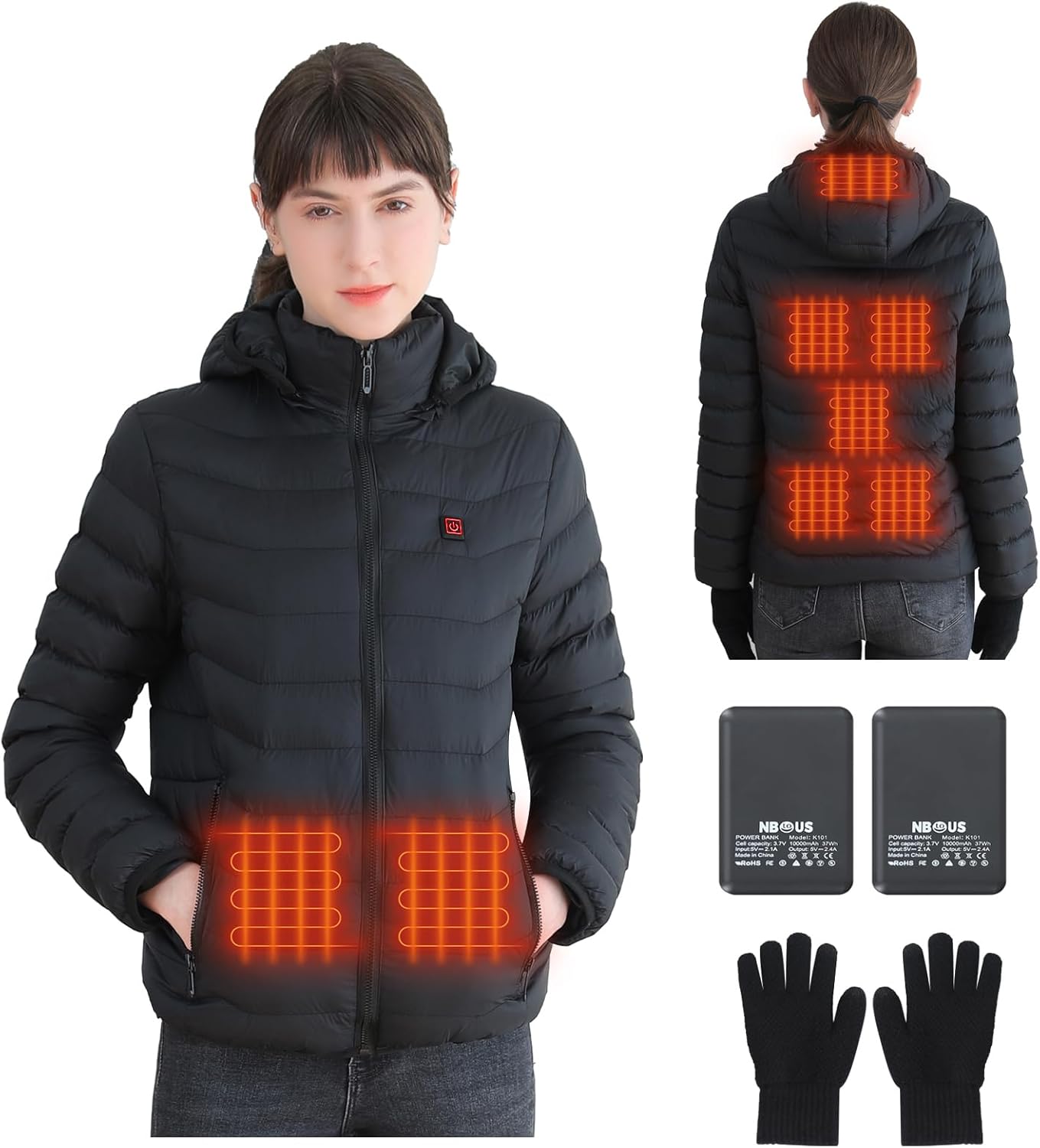 Womens Heated Jacket with 2PCS 10000mAh Power Bank,3 Heating Level