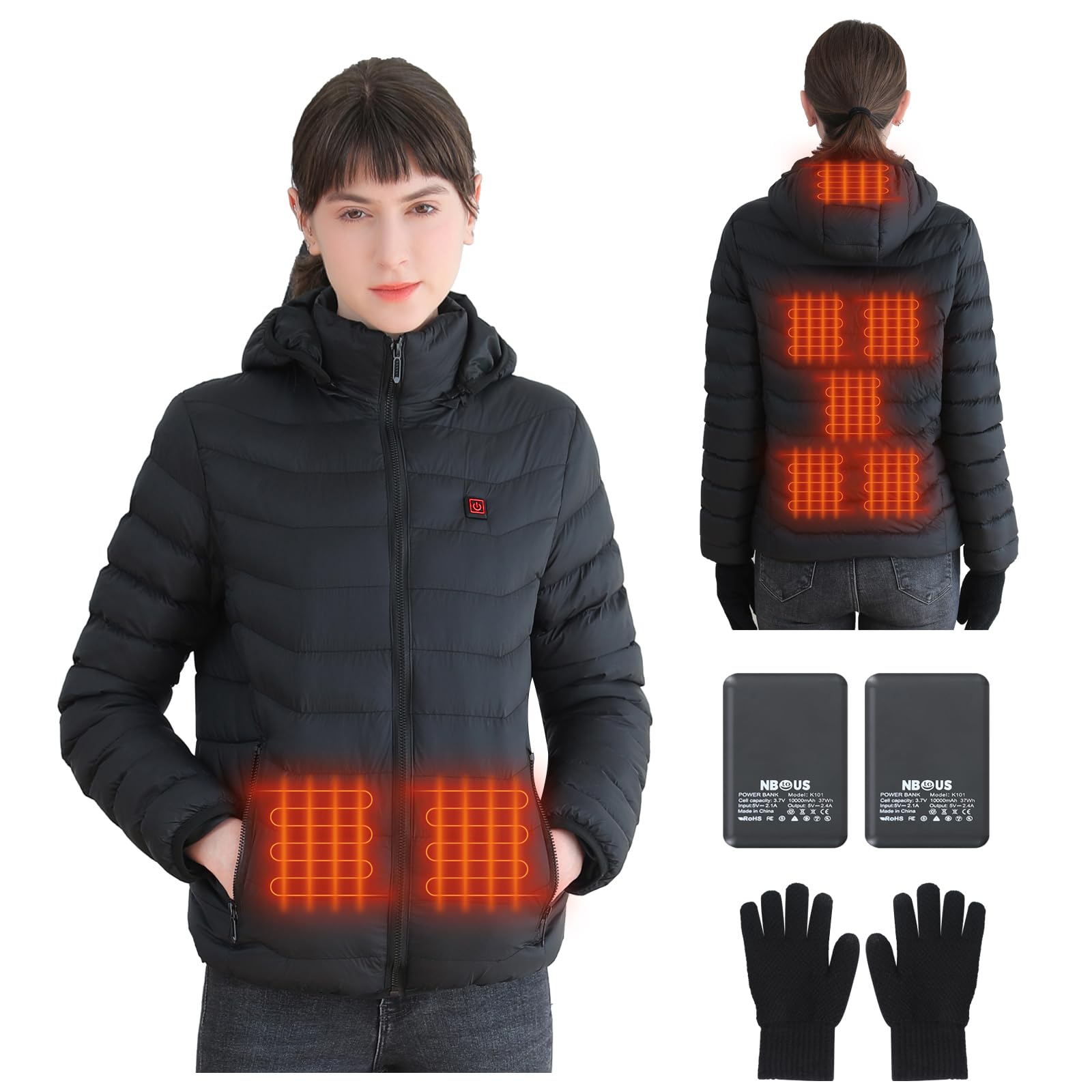 NBtoUS Womens Heated Jacket with 2PC 10000mAh Power Bank,3 Heating Level(XL)