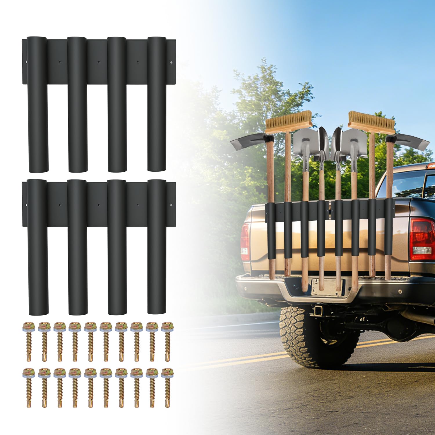 Support de pelle à 8 trous pour camion, support de pelle en métal avec 8 trous en 2 groupes, porte-outils de remorque robuste pour tondeuse, râteau, pelouse, outils à main paysagers
