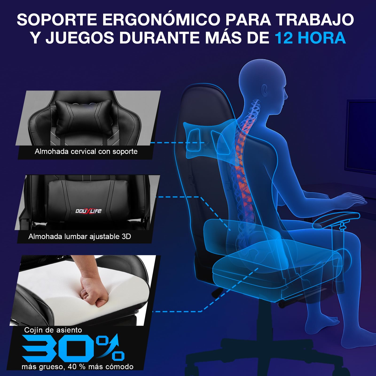 Douxlife Silla Gaming con Masaje de 7 Puntos, Silla de Oficina Ergonómica, Respaldo Ajustable 90-175°, Pasamanos 2D Ajustables, Capacidad de Carga 150-180 Kg, Negro Oscuro