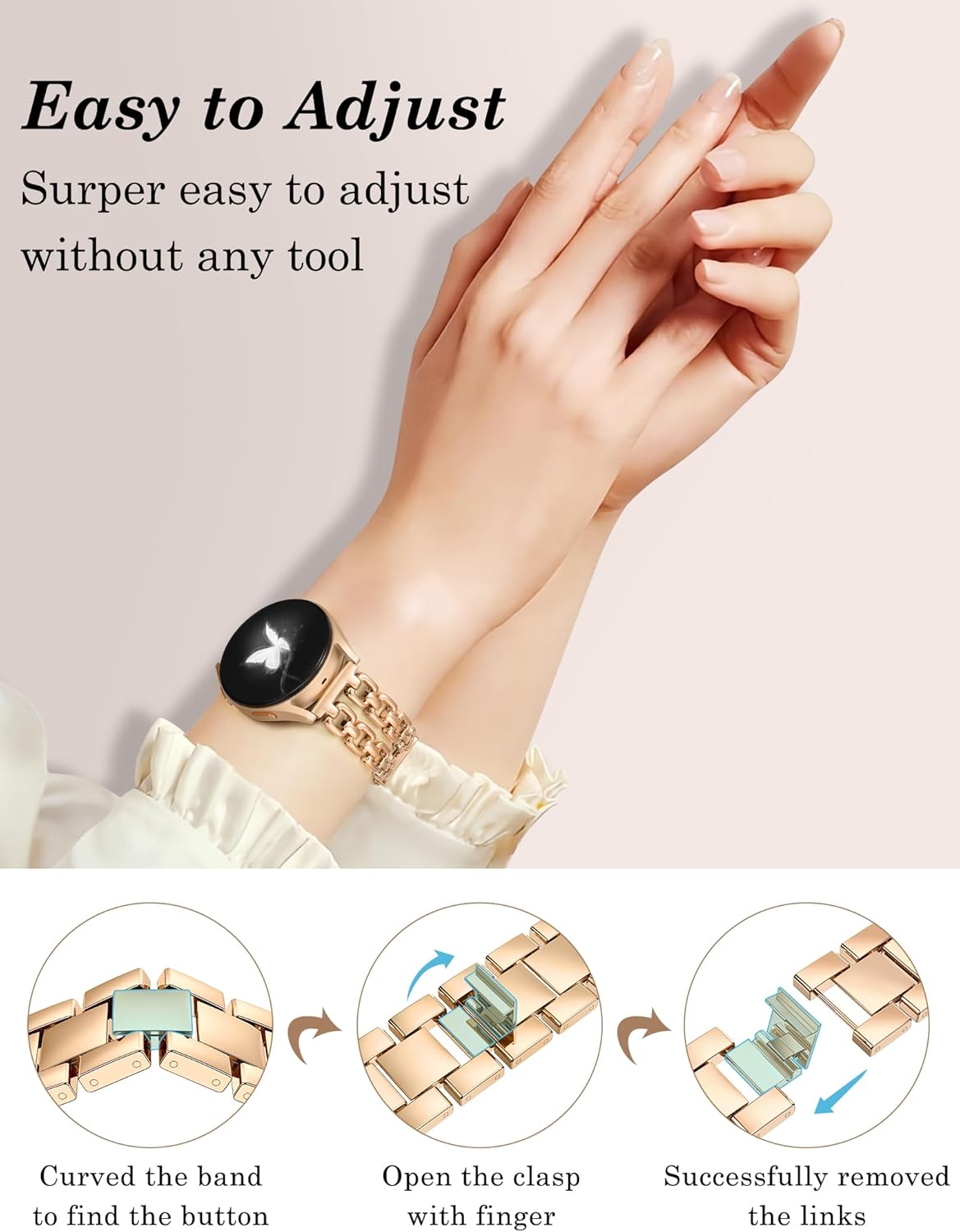 Wearlizer Metal Band Compatible with Samsung Galaxy Watch 7 6 5 4 FE Active 2 40mm 44mm/Watch 6 4 Classic 43mm 47mm 42mm 46mm/Watch 5 Pro 45mm Bands, 20mm Dressy Stainless Steel Chain Strap Women - Image 3