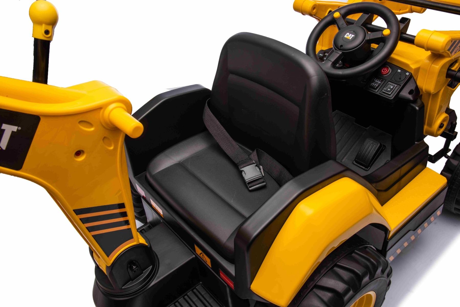 Lizensierter Caterpillar Elektrobagger mit Hang- und Grabschaufel, Einzelsitz, Gelb, USB-Anschluss am MP3-Player, Heckantrieb mit 2 x 30W Motoren und Lithium-Batterie