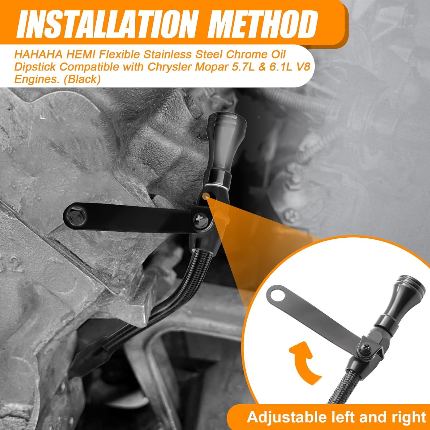 HAHAHA HEMI Flexible Stainless Steel Chrome Oil Dipstick Compatible with Chrysler Mopar 5.7L & 6.1L V8 Engines. (Black)