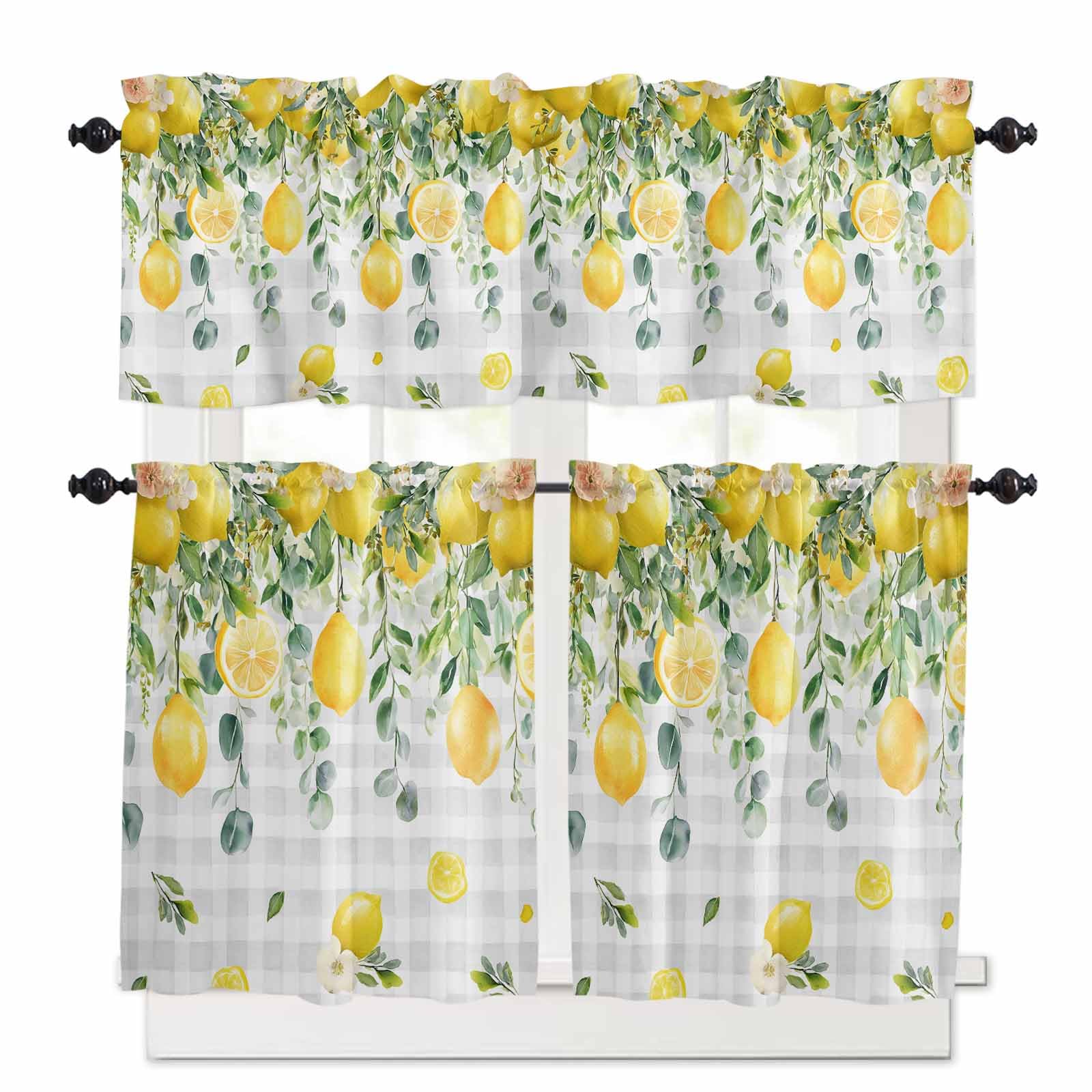 Watercolor Eucalyptus Kitchen Curtains 36 Inch Length,3 Piece Rod Pocket Small Half Tiers and Valance Set,Gray Plaid Flower Sweeping Leaf Small Large Window Treatment Decor for Bedroom/Bathroom Sink
