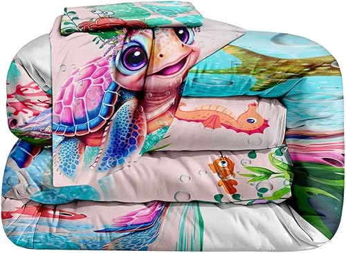 Miniatura 3 de ROWADALO Juego de edredón de 5 piezas de tortuga marina en una bolsa, tamaño individual, temática oceánica, ropa de cama con temática oceánica,