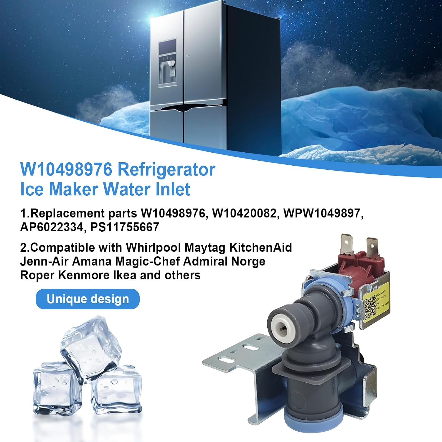 W10498976 Refrigerator Ice Maker Water Inlet for Whirlpool Maytag Kenmore Ice Maker Valve Replacement W10498974, WP2315576, 2315508, AP6022334, PS11755667