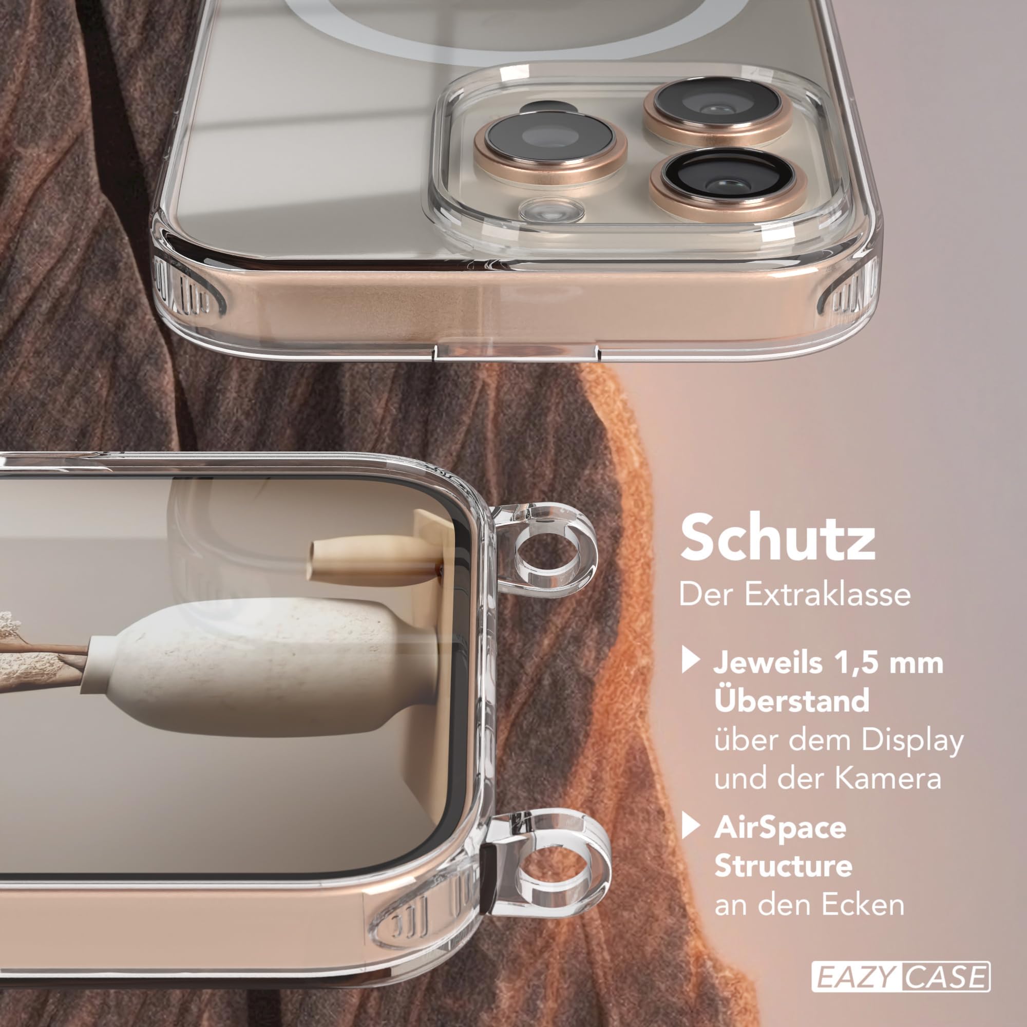 EAZY CASE - Handykette kompatibel mit iPhone 16 Pro Kette zum Umhängen Stoßfest Handyhülle für Apple iPhone 16 Pro Silikon Hülle mit Band Handytasche Transparent als Fallschutz in Rainbow