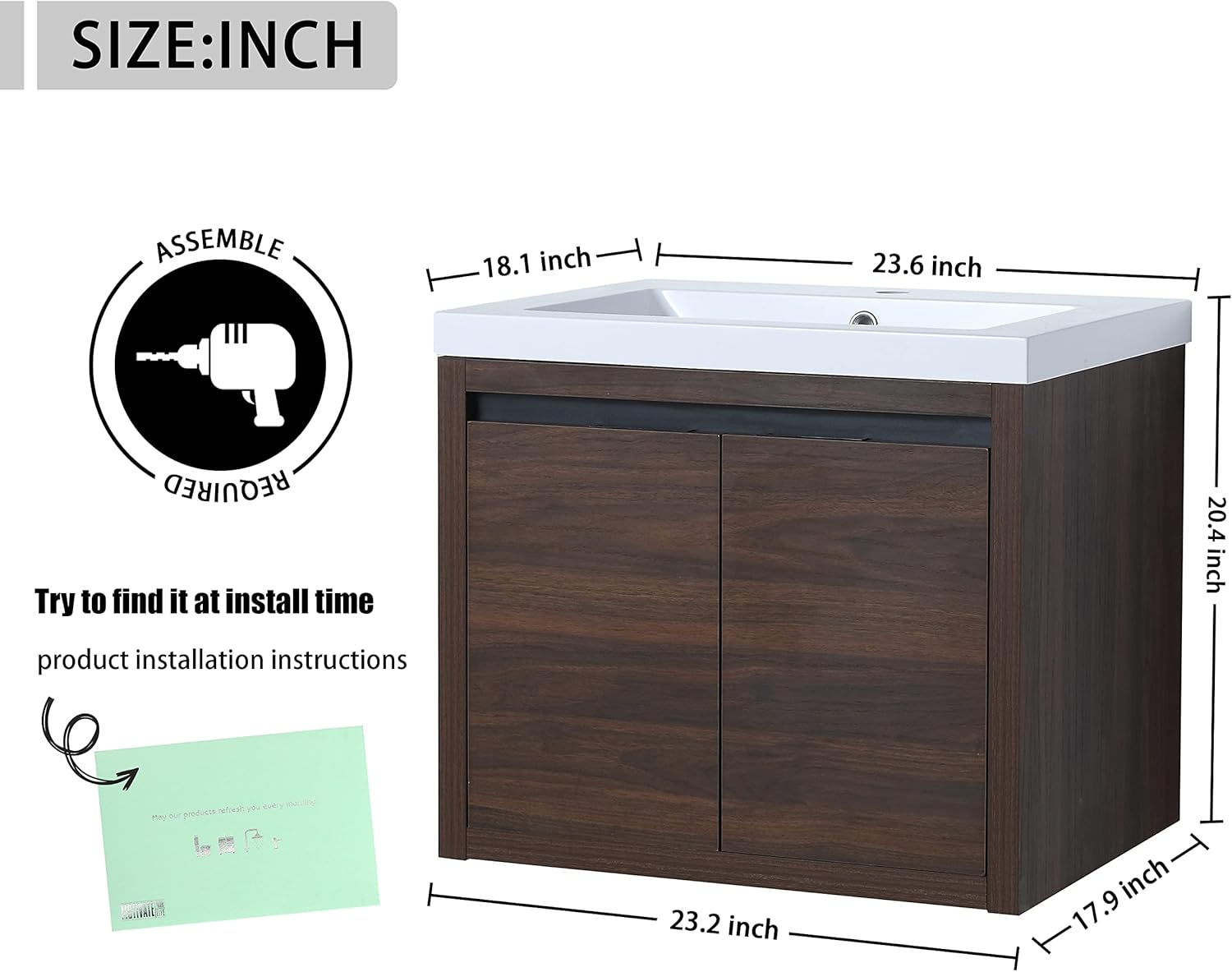 24 Inch Bathroom Vanity with Sink, 24" Floating Vanity, Premium Plywood Wooden Bathroom Cabinet with 2 Doors, Modern Wall Mounted Cabinet Set with White Ceramic Sink, Silent Operation (Brown)