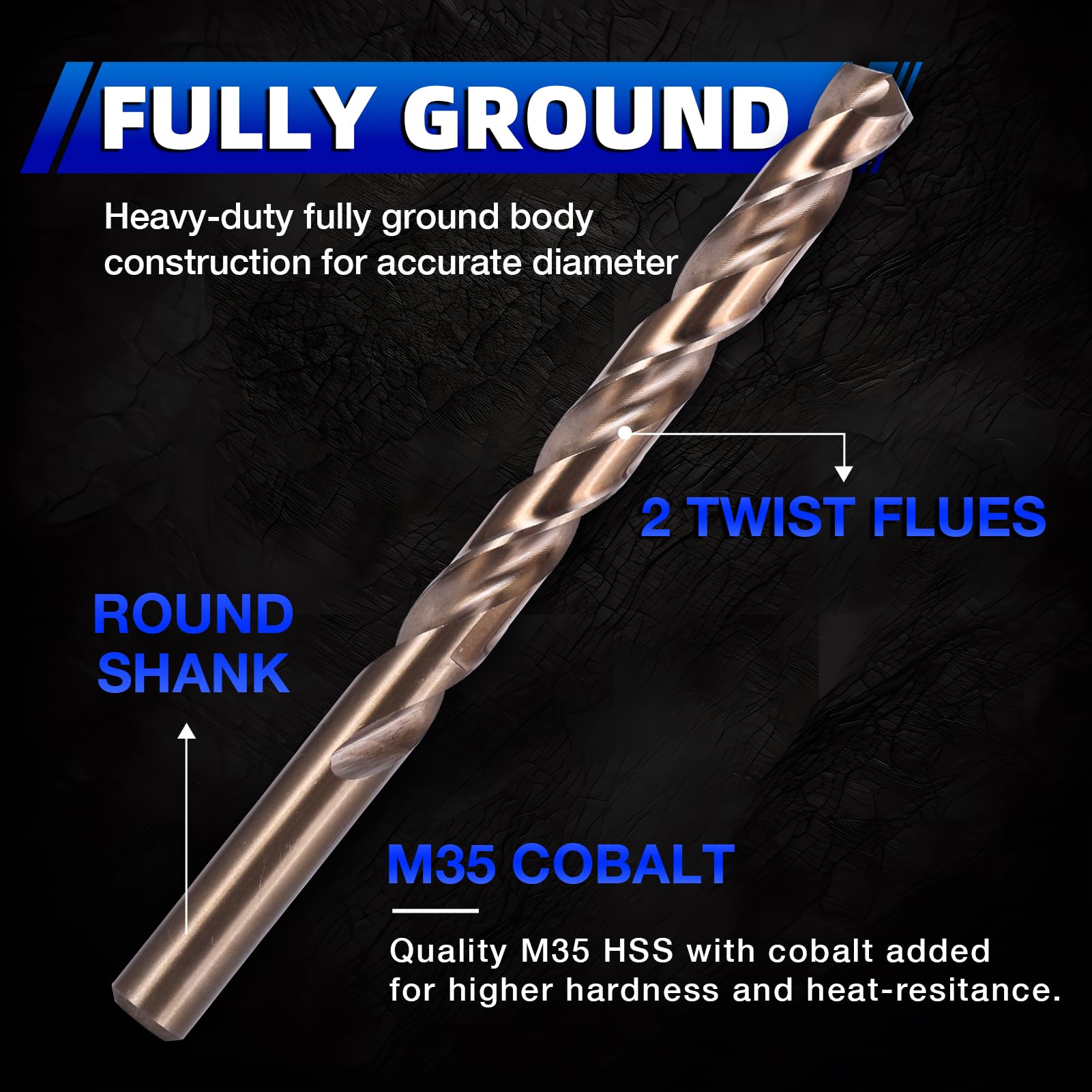 M35 Lot de 10 forets en cobalt 5/16" entièrement mis à la terre 5 % cobalt pour métaux durcis, acier inoxydable, fonte et plastique en bois, avec boîte de rangement