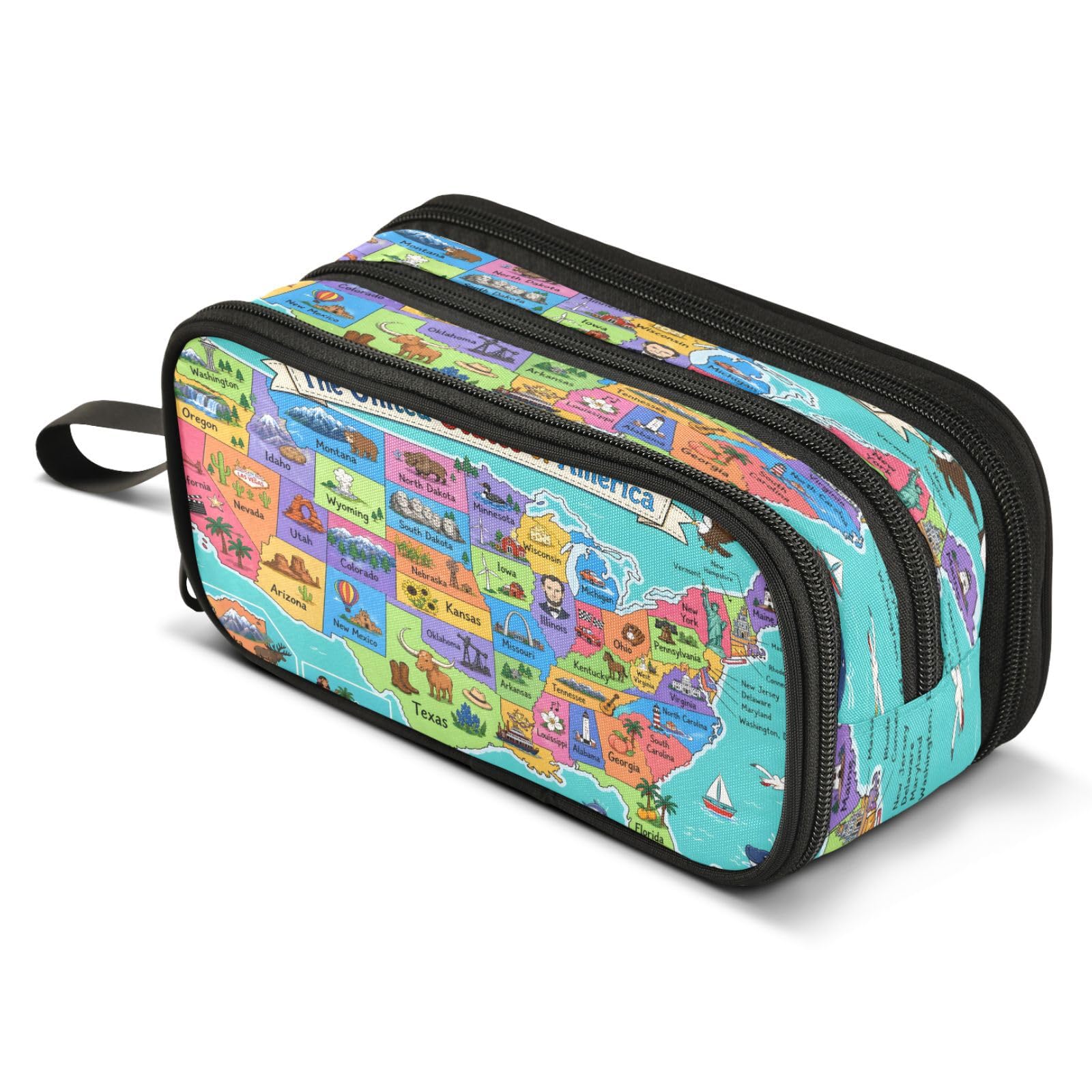 ALAZA United States Map Pencil Case for Boys Girls Kids Pencil Pouch 3 Compartment Pen Bag Large Capacity Storage Pencil Holder School Students with Zipper