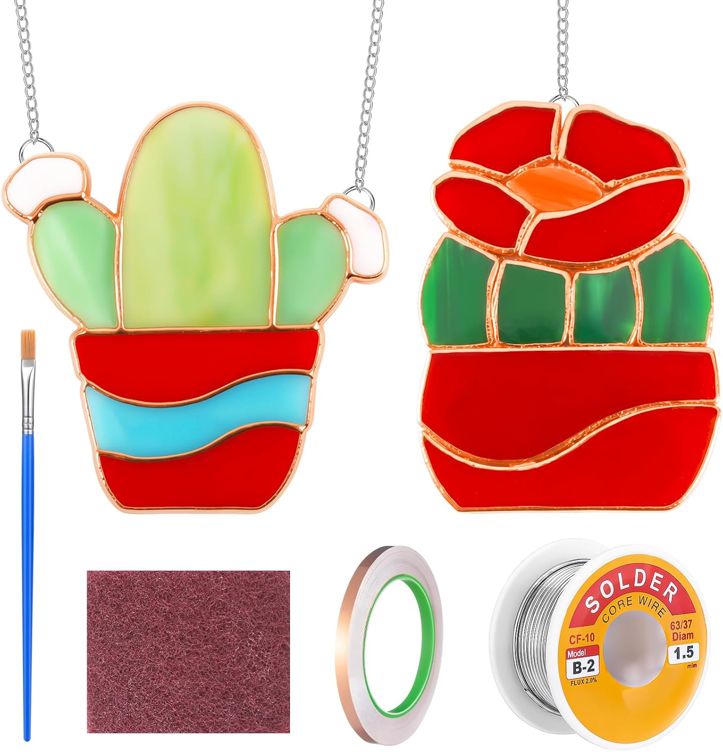 LemonRoad 2 Sets Unfinished Succulents Pre Cut Stained Glass DIY Stained Glass Craft Kit with Solder Wire, Gel Flux, Flux Brush for Adult Make Your Own Beautiful Art Handcrafts for Home Decor