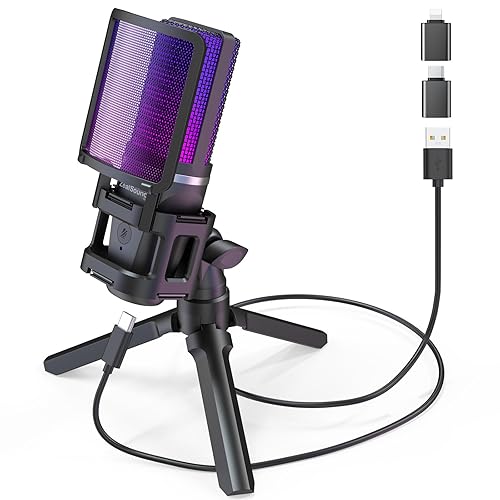 zealsound USB Gaming Microphone, RGB PC Mic for Podcasts Streaming on iPhone Mac PS5—Desktop Condenser Mic w/Mute, 2 Adapters (USB-C & Lightning),Tripod Stand, on Twitch YouTube Discord TikTok - A68