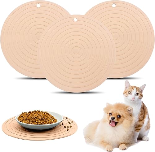 Miniatura 9 de Fhiny 3 tapetes de silicona para comida de mascotas, 9.5 pulgadas, redondo, impermeable, antideslizante, mantel individual para evitar