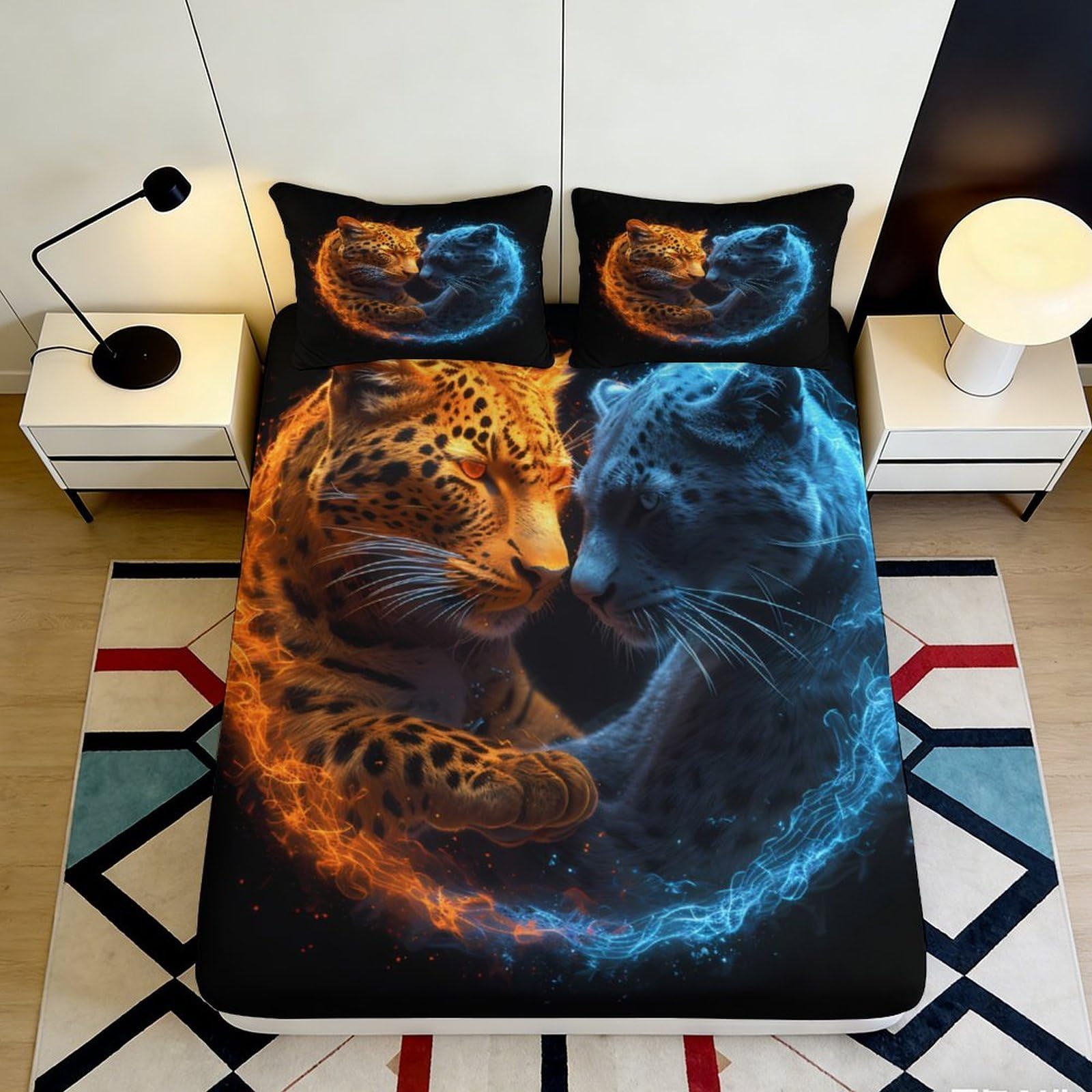 3D Printed Fiery and Icy Leopard Fitted Sheet Microfiber Soft Breathable Yin Yang Bed Cover for Bedroom Dormitory Guest Room Mattress Protection 180x200x25cm