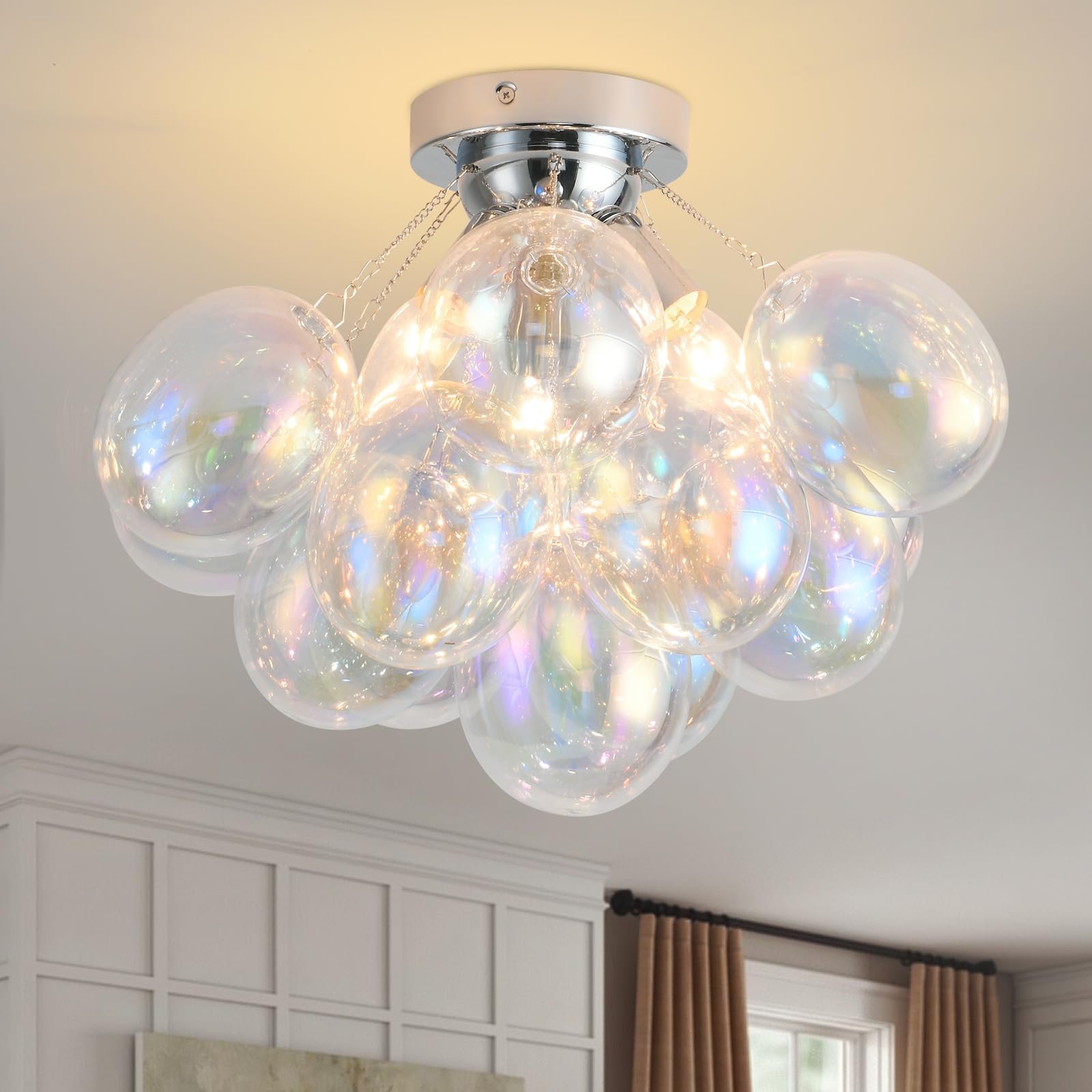 Photo 1 of Pandaluna Bubble Light Fixture Flush Mount Ceiling Light Bubble Chandelier 17.7in Blown Glass Semi Flush Mount Chandelier for Bedroom Hallway Entryway Kitchen Foryer Dining Room 1 Pack