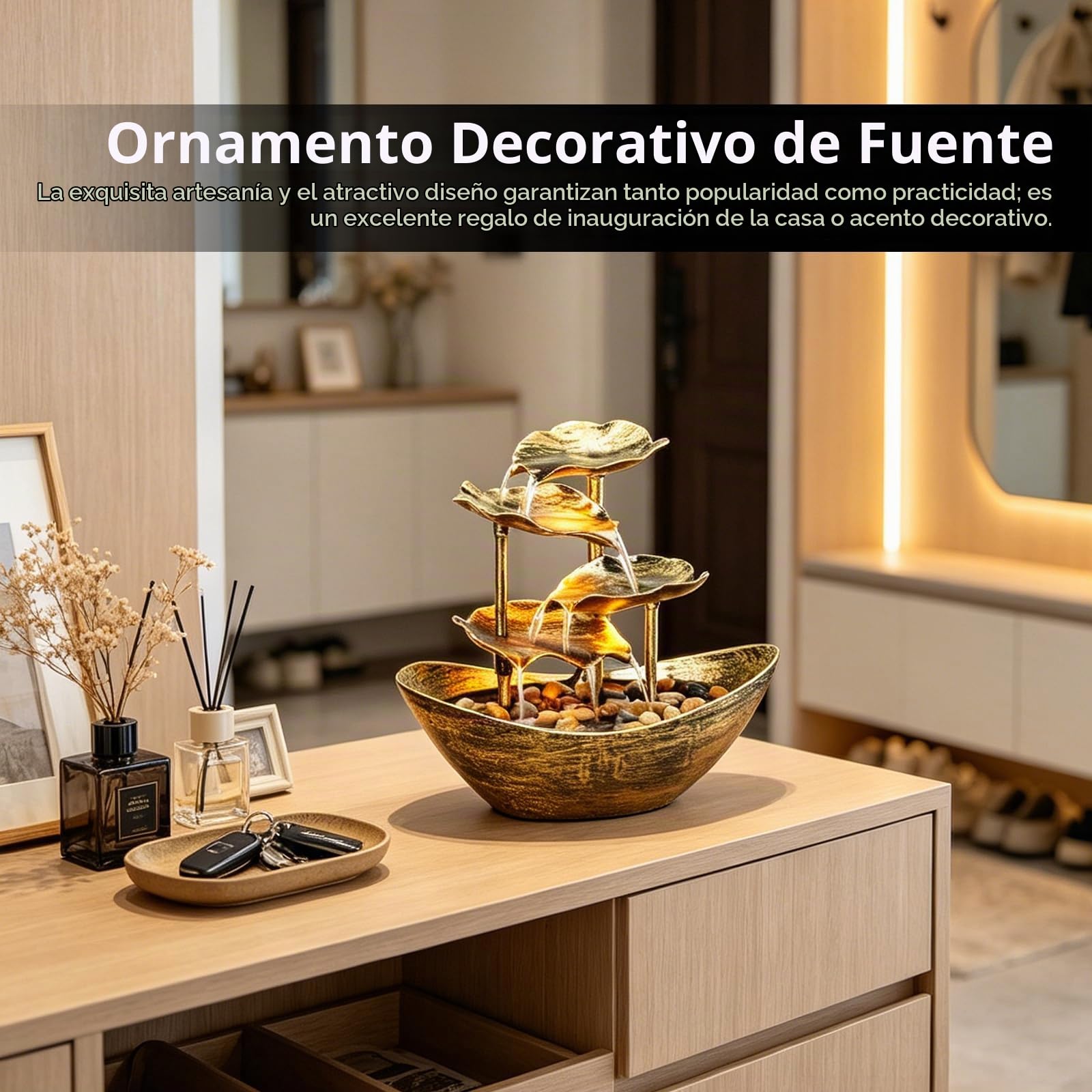 Fuente Agua Decorativa, Fuente de Mesa con Cascada de Hoja de Loto en Lingotes, Fuentes Decorativas de Agua Interior con Iluminación LED para la Decoración del Hogar Oficina Jardín Salón
