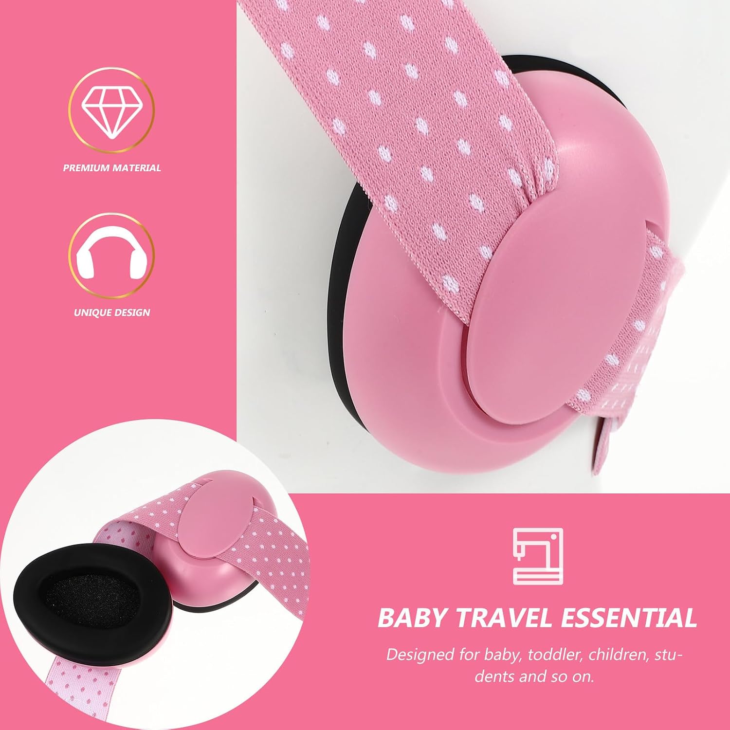 Noise Cancelling Ear Protection Earmuffs for Infants with Elastic Band, Soft Pink Travel Ear Muffs for Newborns