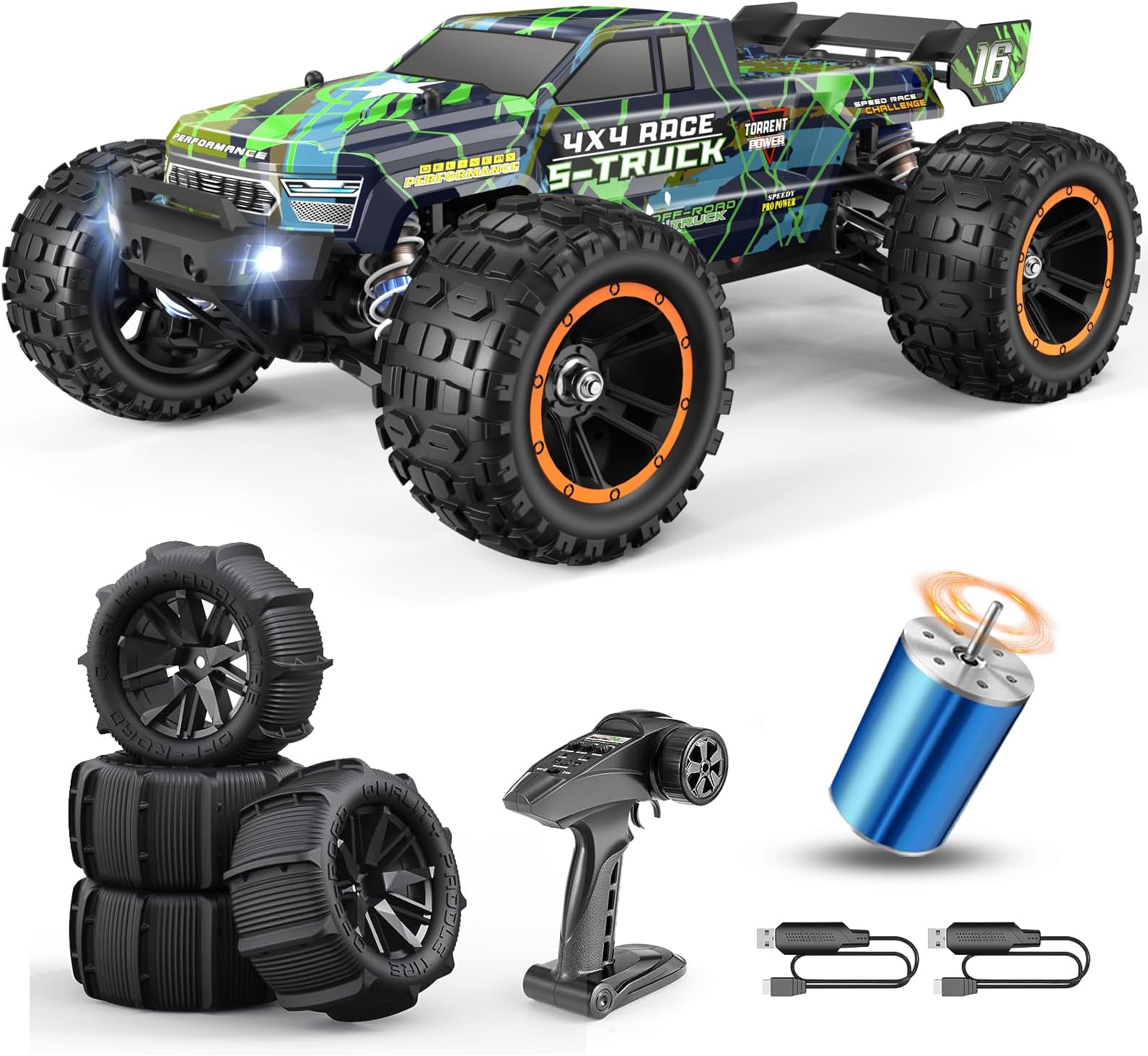 16890SA 1/16 Scale 4WD Brushless RC Truck Max 40 MPH Fast RC Cars, All Terrains RC Car with Independent ESC 4X4 Off-Road Semi-Truck for Boys and Adults, 3S Battery Applicable (not Included)