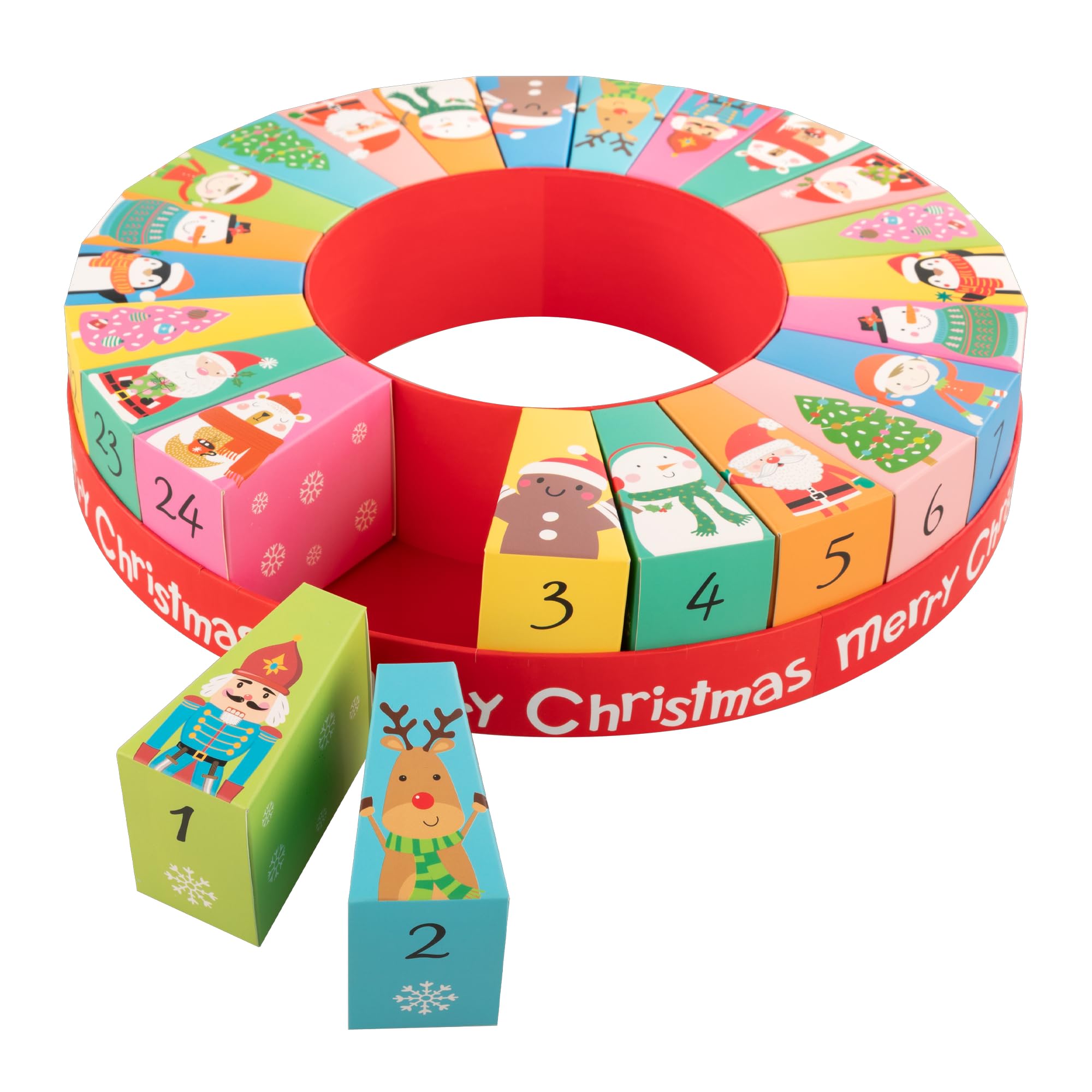 Idena 31492 Advent Calendar for Filling, 24 Numbered Gift Boxes with Christmas Motifs, Round Christmas Calendar Approx. 31.5 x 6.5 cm