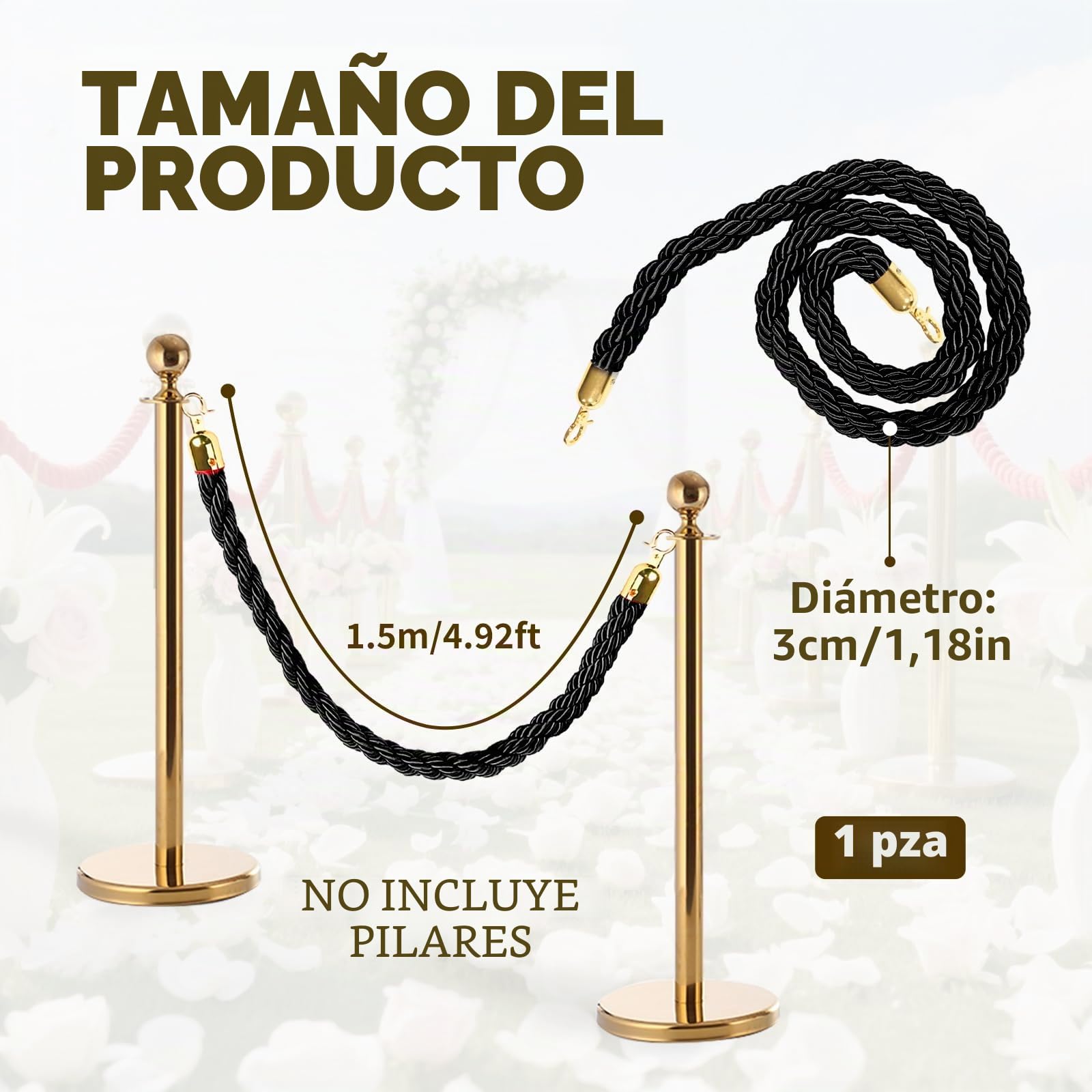 Cuerda de Barrera de 1,5M Cordón de Barrera Queue Cuerda Barrera Cinturón Barrera con Ganchos Cuerda de Ampliación Queue Barrier para Hoteles Cinema Clubes (Negro)