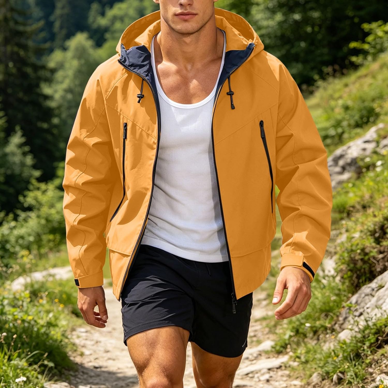 Men's Jacket Hooded Hiking Lightweight Breathable | Men's Hooded Jacket Windbreaker Hiking Jackets Lightweight Breathable Casual Running Cycling Coats with Zip Pocket