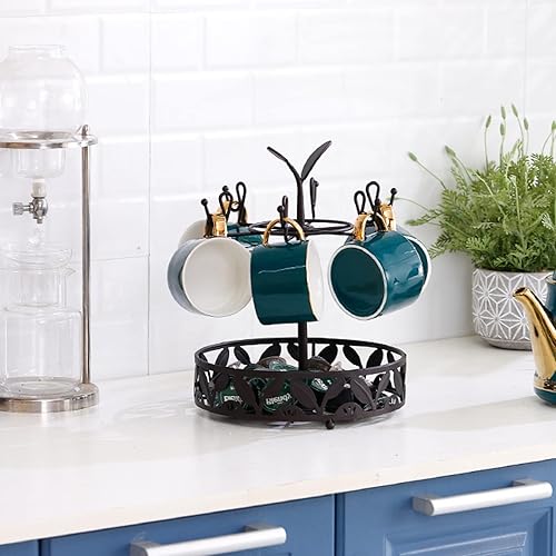 Miniatura 4 de Soporte para taza de café con almacenamiento de cesta de cápsulas de café, soporte giratorio para tazas de 6 capacidades, soporte para tazas de