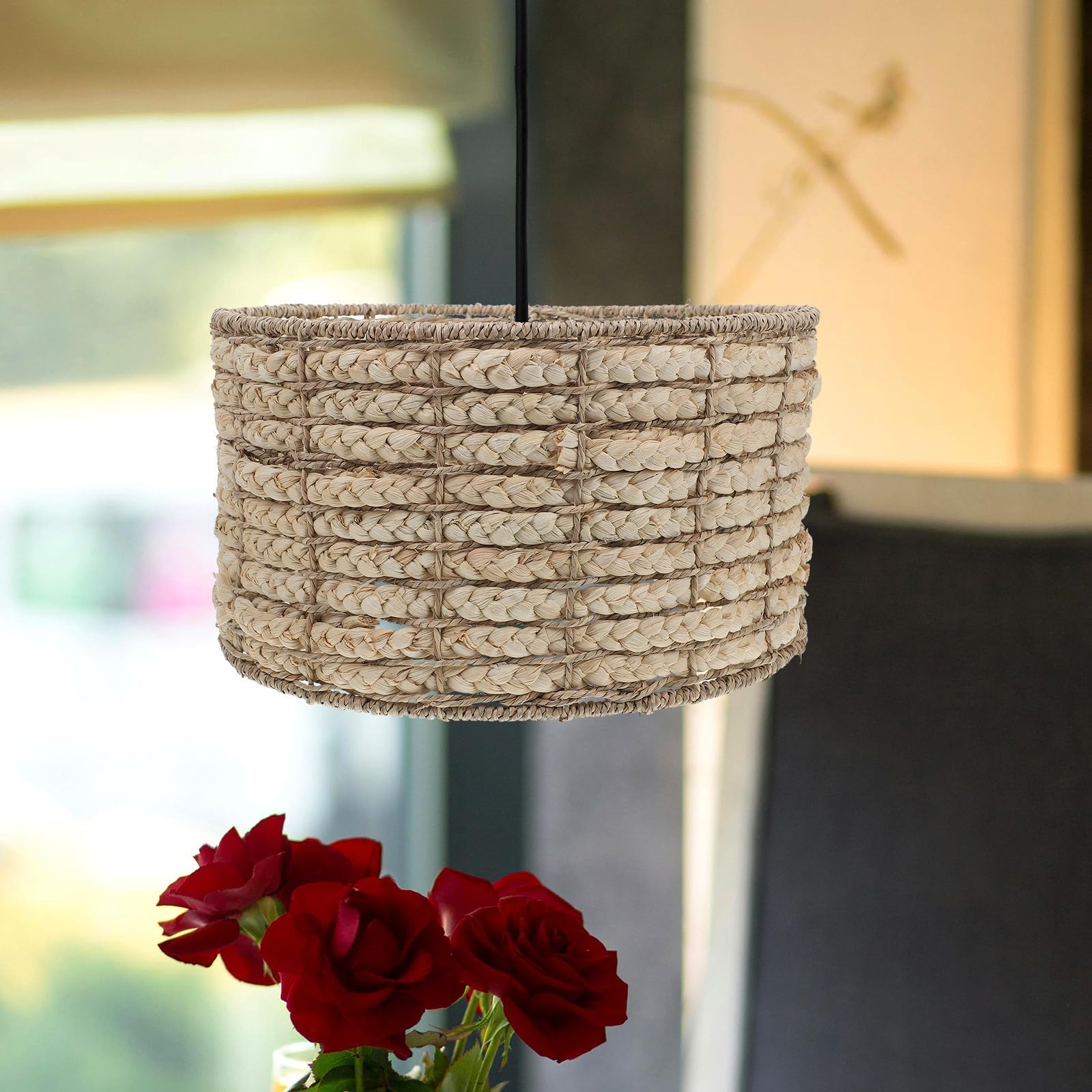 Paralume in Alga Marina e Ferro, Beige, Luce Soffusa, Stile Rustico Naturale, per Casa e Soggiorno, per Lampada a Sospensione e Decorazione Sala da Pranzo