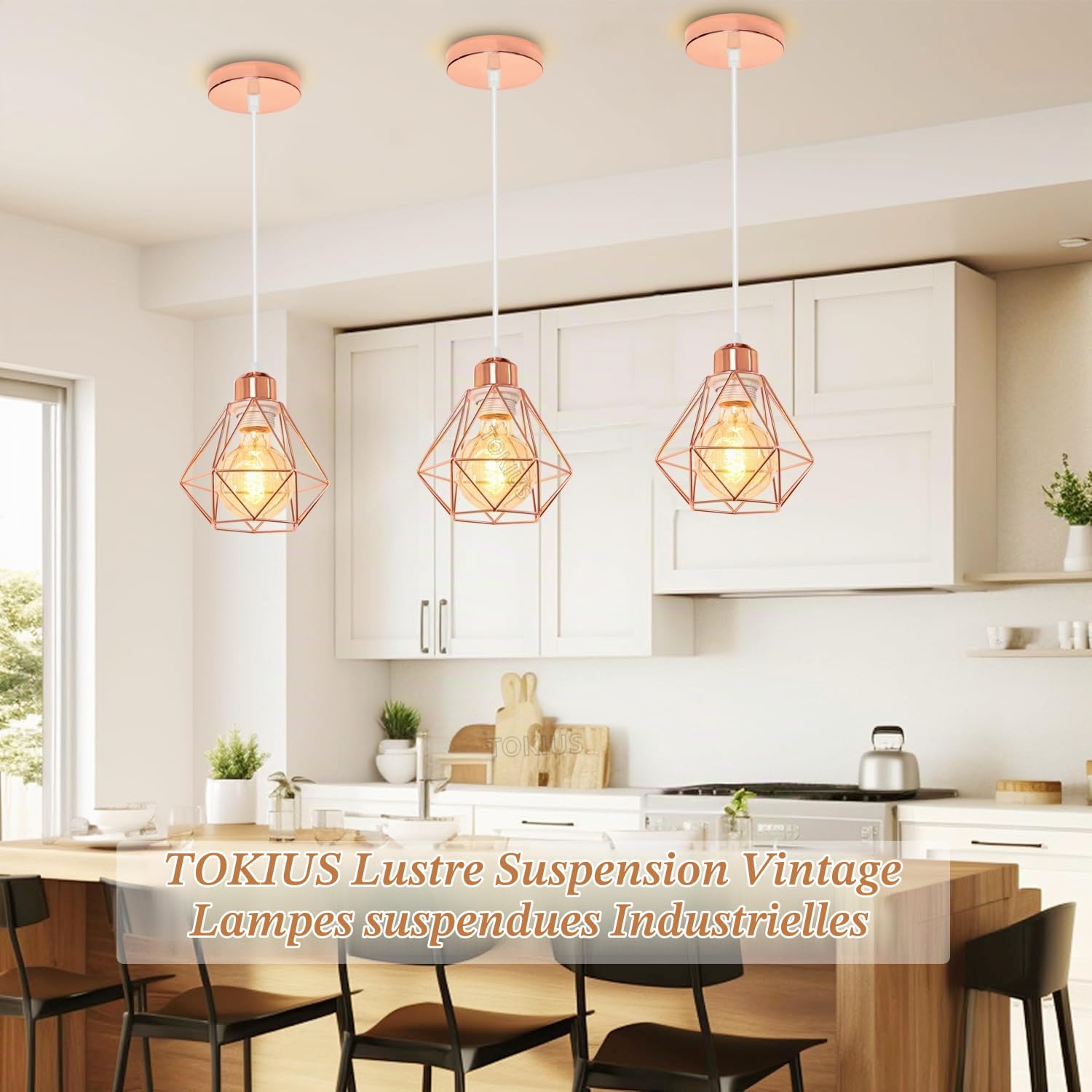 Plafonnier Industriel Vintage Luminaire E27 Rétro Lustre Suspension Design Métal Cage Ø160mm éclairage plafond Pour Salon Cuisine Chambre (Or rose-base de 25cm)
