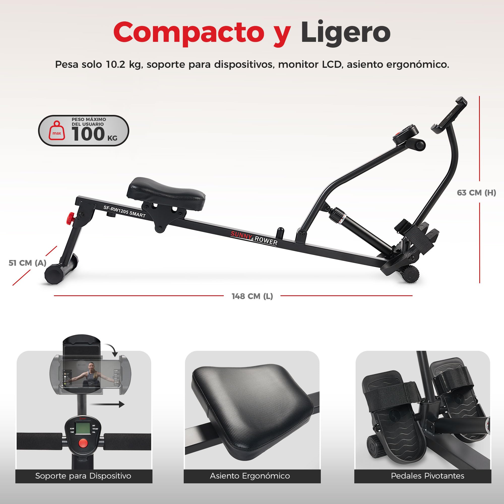 Sunny Health & Fitness Máquina de Remo Compacta y Ajustable, Equipo de Ejercicio Cardiovascular con 12 Niveles de Resistencia para Entrenamientos Corporales Completos y Opcional SunnyFit App Gratuita | Cardio de Cuerpo Completo, Suave con las Articulacion