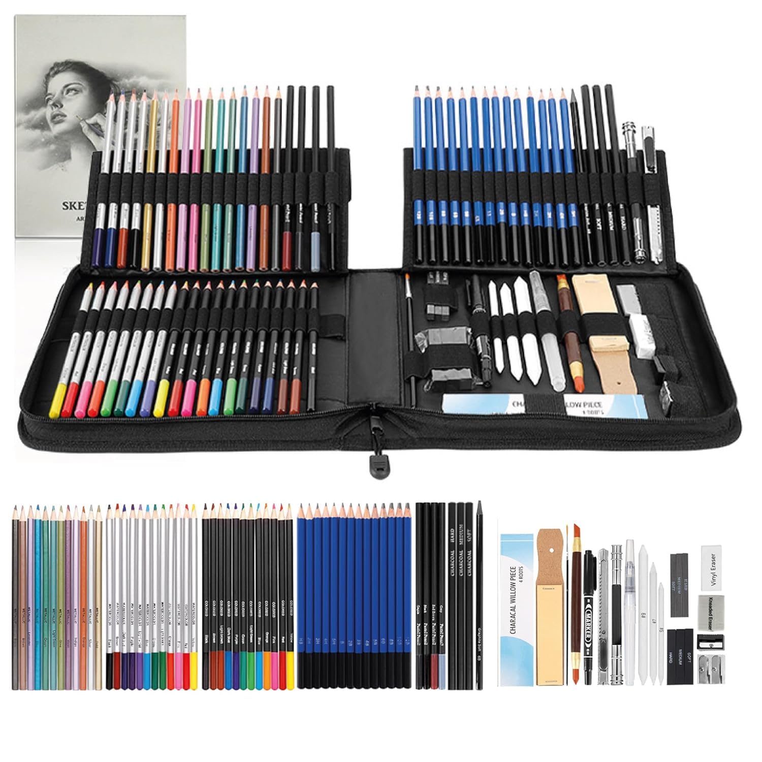 Artownlar 100% Non-Toxic 83 Pieces Professional Sketching Kit for Artists, Shading Drawing Case with Premium Graphite Charcoal Sketch Pencil Kit, Drawing Kit, Art Supplies, Best Gift for Artists, DIY