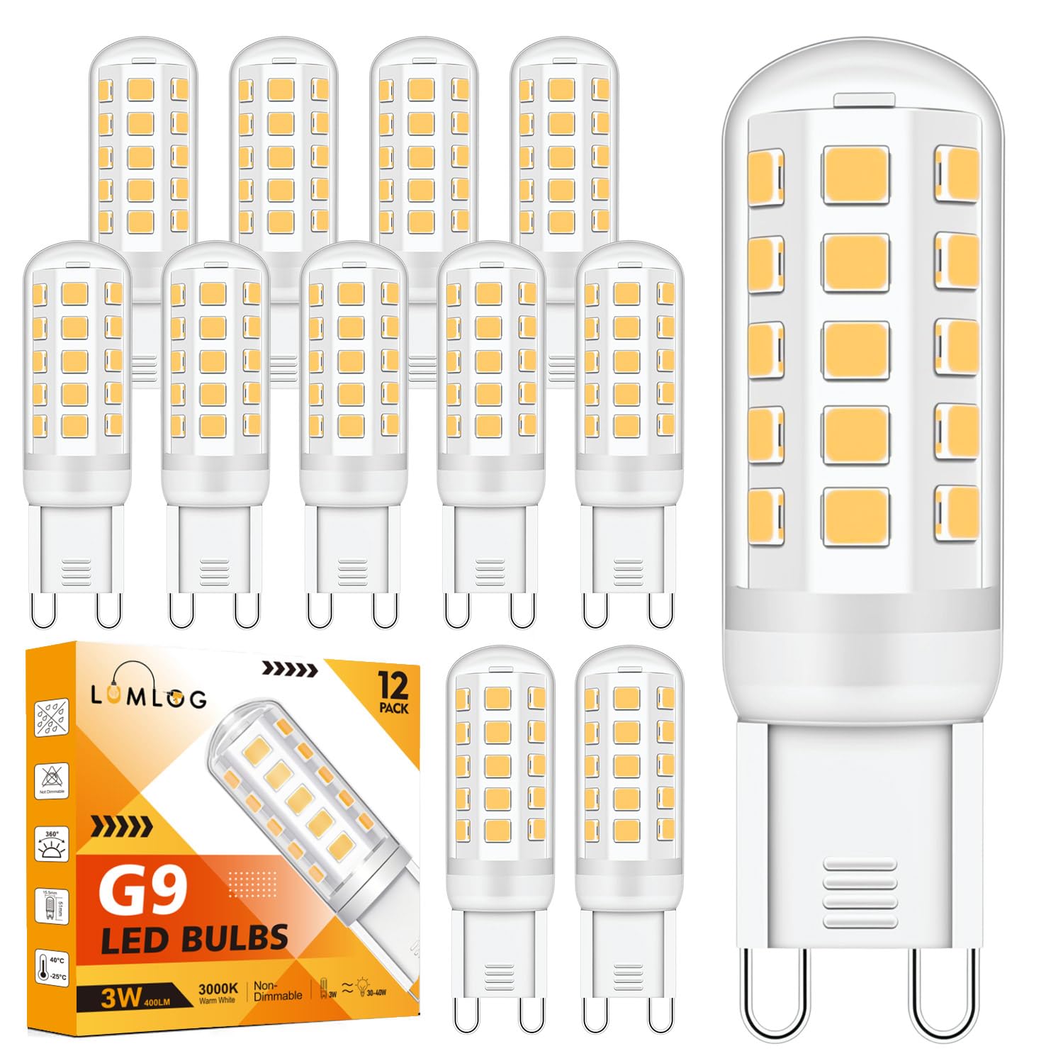Lumlog G9 Led Bulbs, 3W Warm White Light Bulbs, Equivalent to 30-40W Halogen, 400Lm, 3000 Kelvin 220-240V No Flicker Non-Dimmable Energy Savingor Lighting Decor [Energy Class D] (Warm White, 12 Pack)