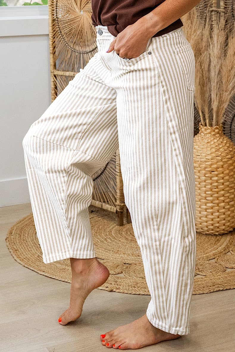 utcoco Women's Mid Rise Striped Jeans Boyfriend Wide Leg Cropped Barrel Denim Pants