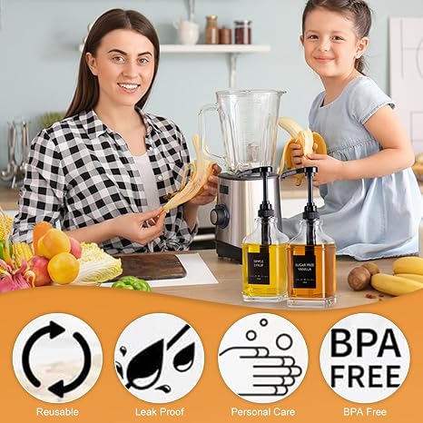 2Pcs Coffee Syrup Dispenser,500ml Syrup Dispenser,Glass Syrup Bottle with Elegant Pumps and 36 Labels and Funnel & Pump,Syrup Pump Dispenser Honey Dispenser,Coffee Syrup Pump,Coffee Bar(Black)