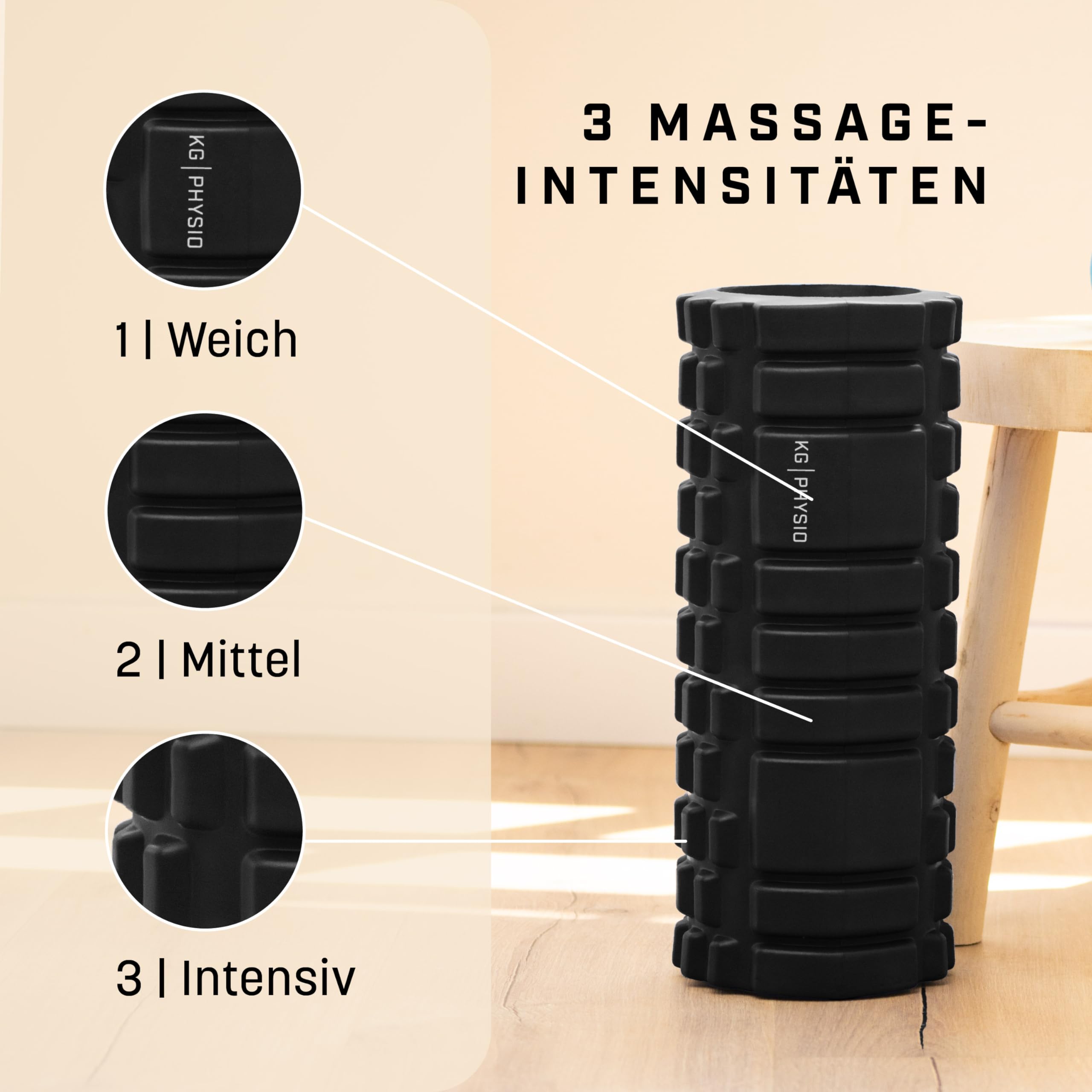 KG PHYSIO Faszienrolle Wirbelsäule, Rücken & Beine - 3-Zonen Massageroller (Weich/Mittel/Intensiv) - Leichter EVA Foam Roller - Yoga Rolle zum Warm-up, Trainieren & Massieren (33 x 13,5 cm)