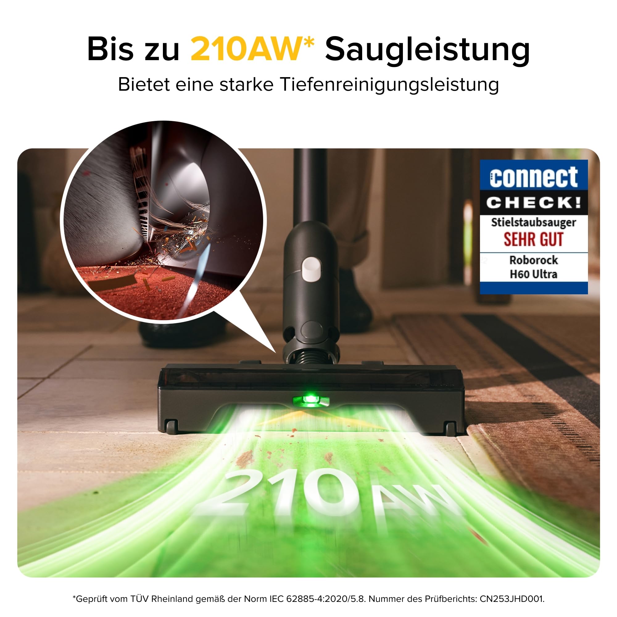 roborock H60 Ultra Akku Staubsauger, 210AW kraftvolle Saugleistung, 90 Min. Maximale Laufzeit, 90° Flexibler Saugrohr, Staubsauger kabellos, Anti-Tangle Bürste für Teppiche, Hartböden, Tierhaare, Auto