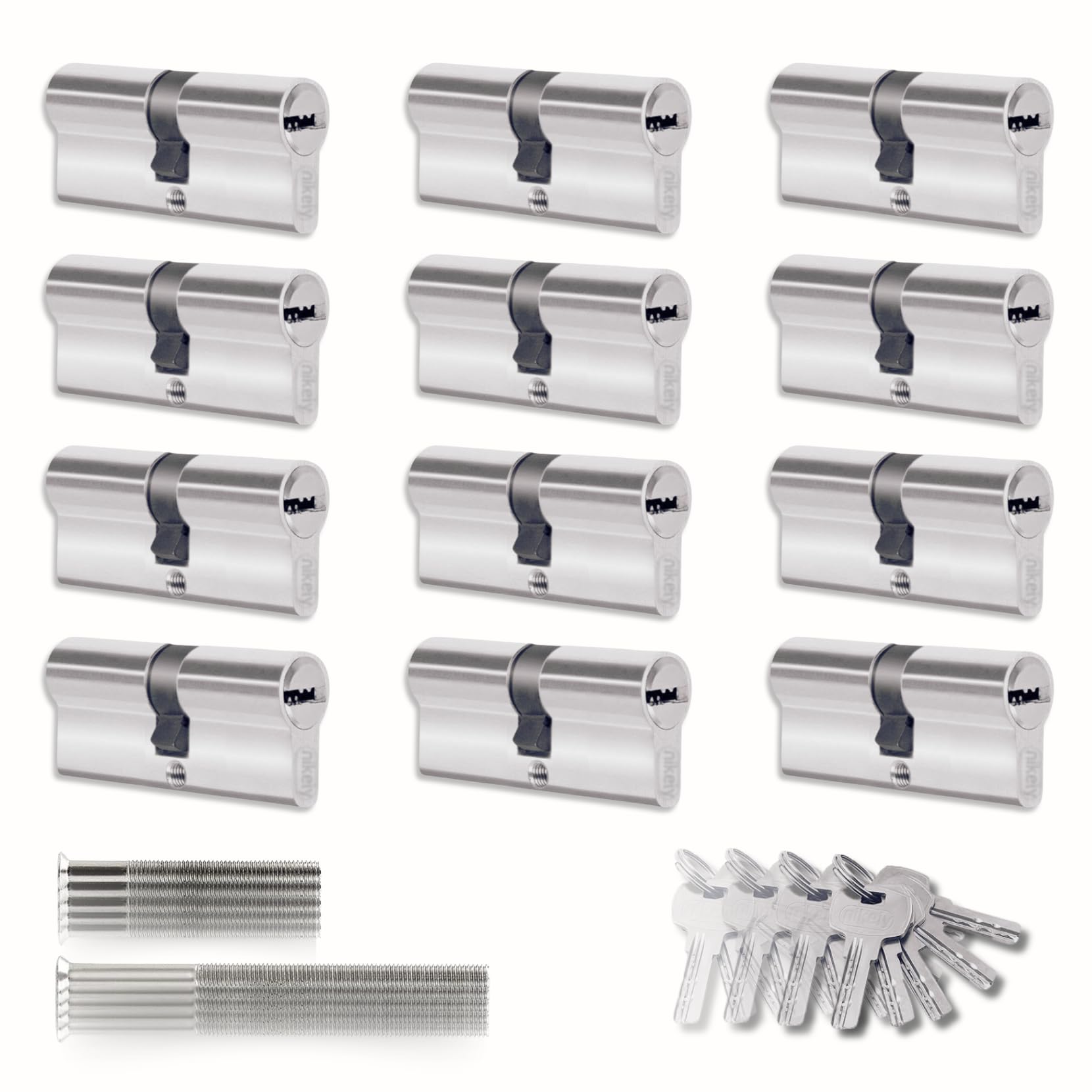 Set of 12 Cylinder for Locks 45/45 mm, Double Lock Cylinder, Screws and Keys Included, Easy Assembly, Lock for Doors and Garages, Anti-Drilling, Single Key, Length 90 mm