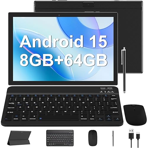 Android 15 Tablet 10 Inch, 2 in 1 Tablets with Keyboard/Mouse/Case/Stylus, 8GB RAM+64GB ROM/1TB Expand Tableta, 1.8Ghz Quad-core Processor, 1280 * 800 HD Touch Screen, 8MP Camera, 5G WiFi 6 Tablet