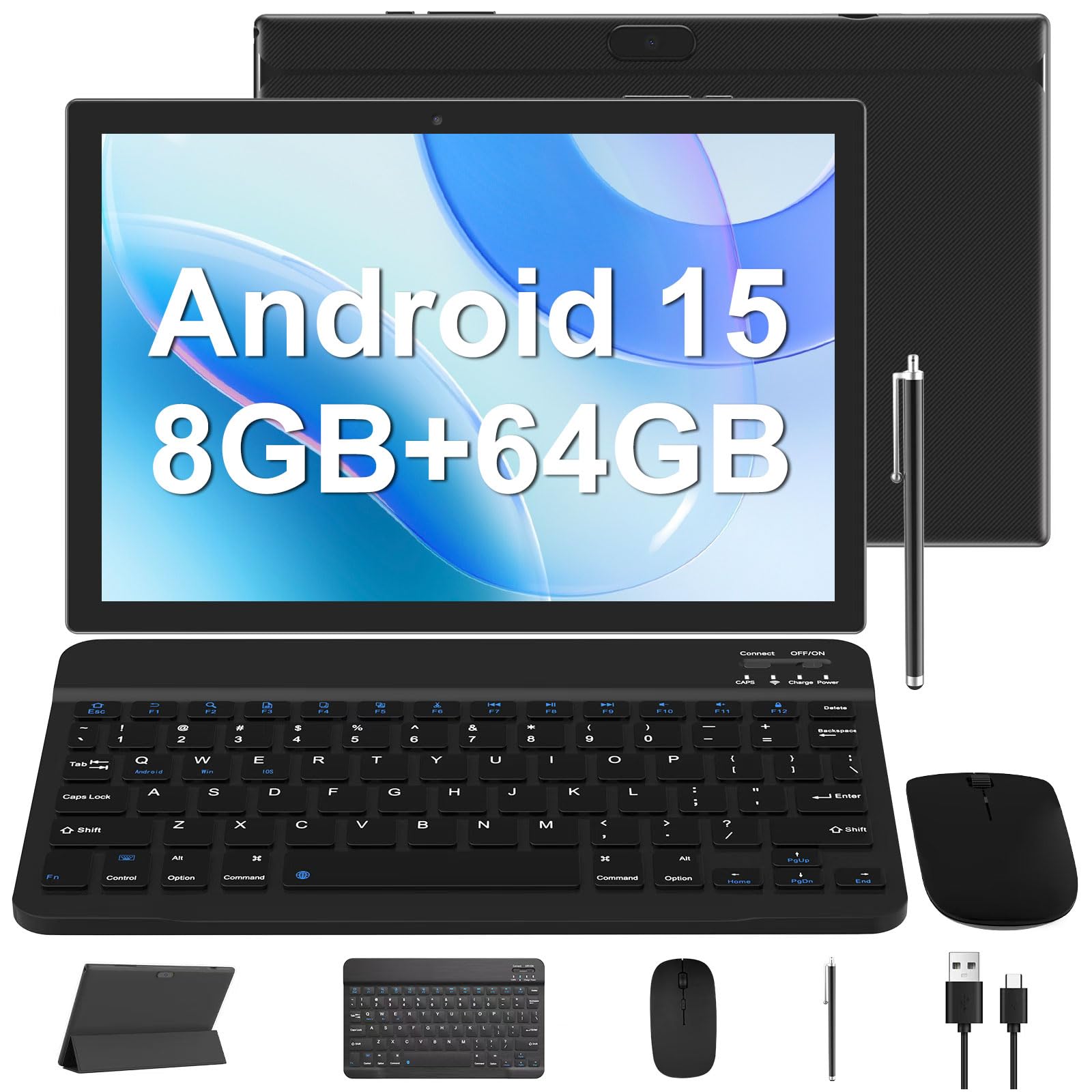 Android 15 Tablet 10 Inch, 2 in 1 Tablets with Keyboard/Mouse/Case/Stylus, 8GB RAM+64GB ROM/1TB Expand Tableta, 1.8Ghz Quad-core Processor, 1280 * 800 HD Touch Screen, 8MP Camera, 5G WiFi 6 Tablet