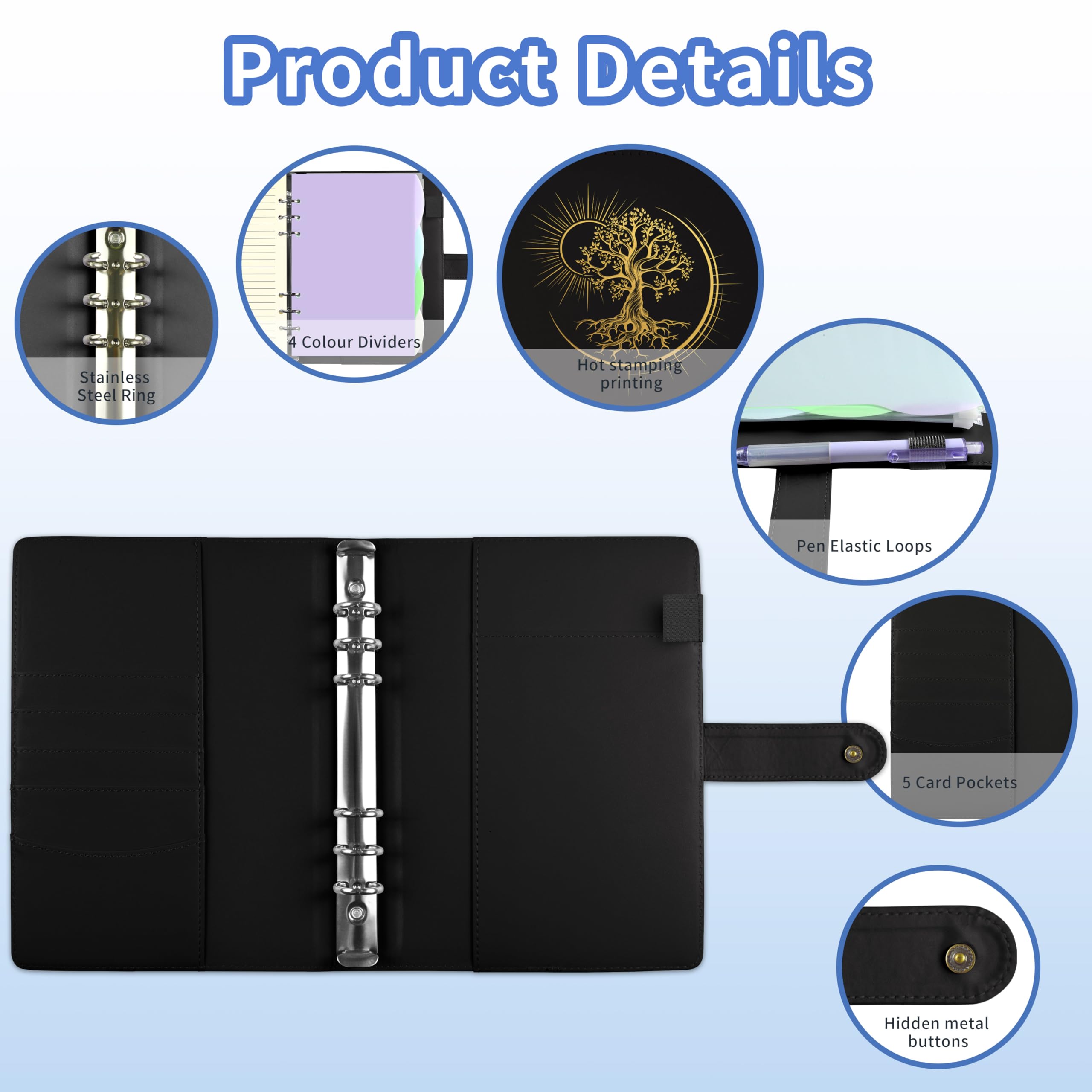 Qefuna A5 Refillable Ring binder Notebook,with 180 Sheets Refill Paper, PU Cover with Foil Embossed Sun Tree of Life Pattern - Image 4