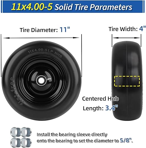 Miniatura 2 de Neumático y rueda para cortacésped de 11 x 4.00-5 pulgadas con bujes de 34 o 58 pulgadas, cubo centrado de 3.4-4-4.5-5 pulgadas, neumático de banda